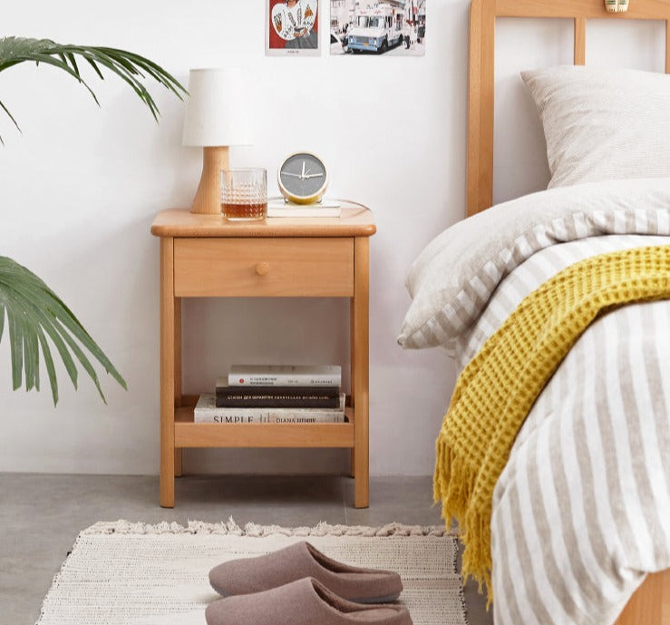 Solid Wood Nightstand - Beech & Pine Bedside Table for Bedroom, Modern & Rustic End Table with Storage Shelf - Perfect for Bedroom, Living Room, or Office