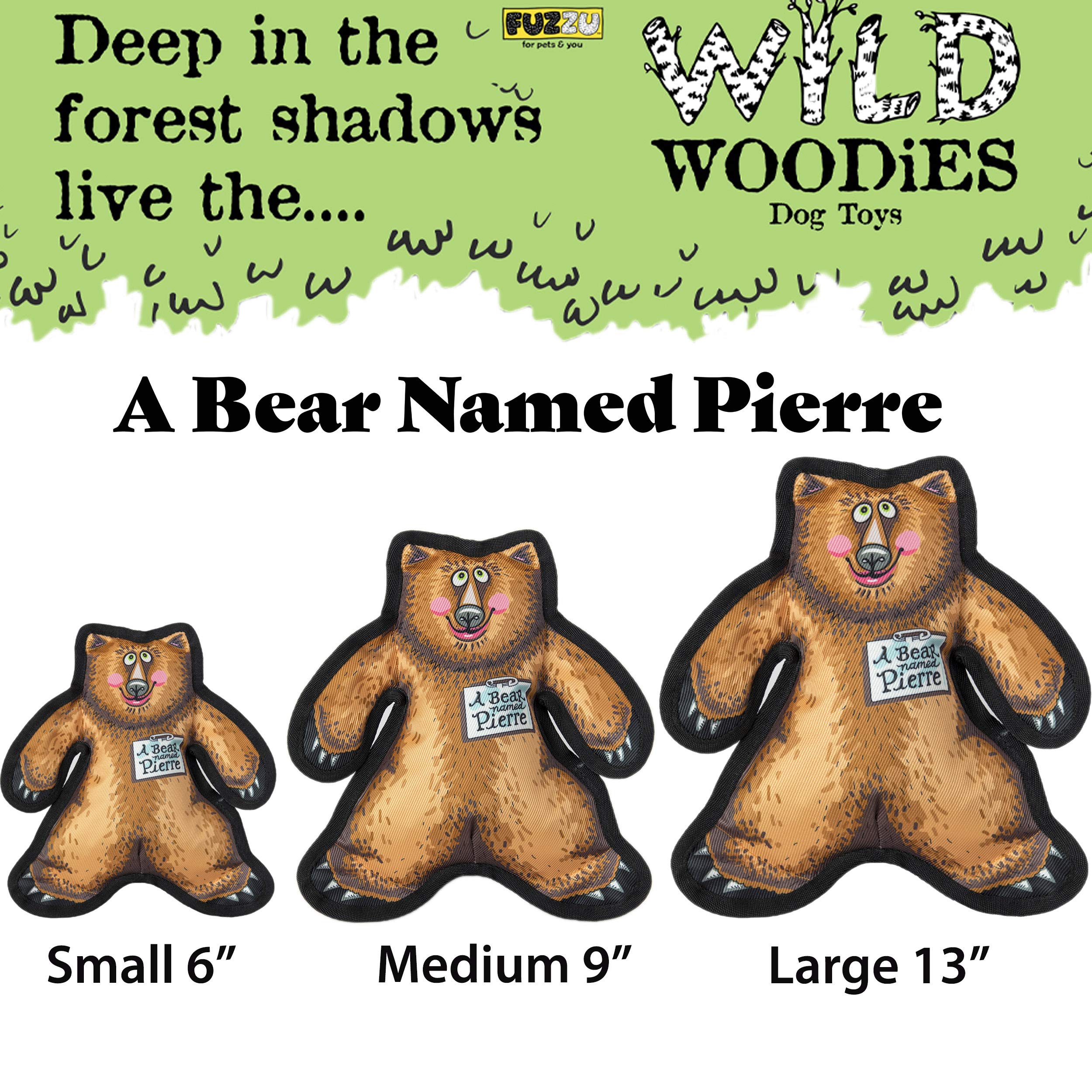 Durable Squeaky Dog Chew Toy - FUZZU Wild Woodies Bear Pierre Dog Toy for Medium Dogs (9 Inch) | Tough & Rugged Chew-Resistant Design | Perfect for Playtime, Training & Teething Relief