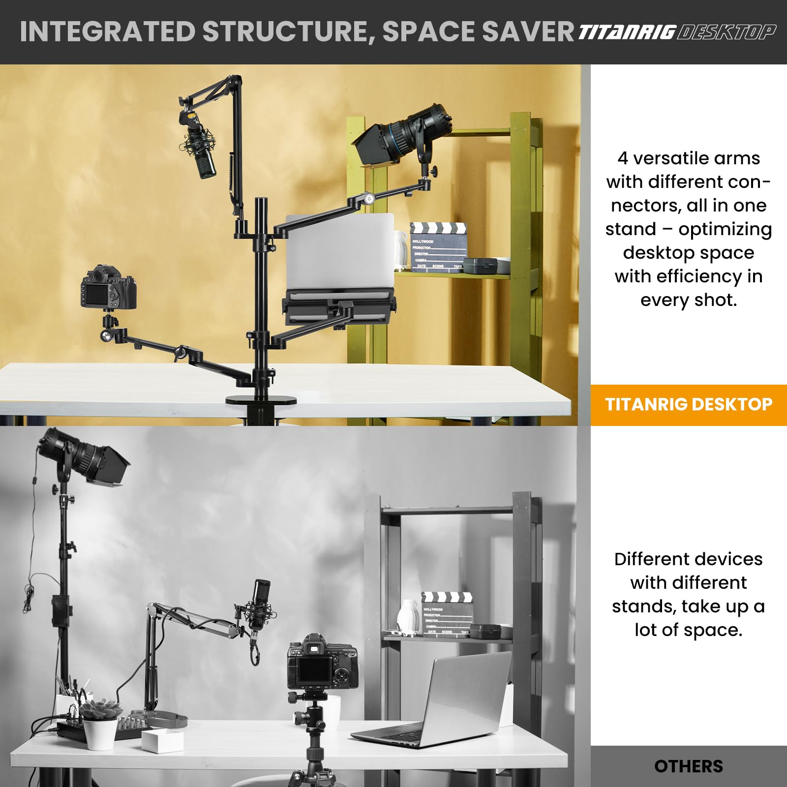 TARION 4-in-1 Adjustable Overhead Camera Arm Mount for Streaming - Desk Stand with Mic Boom & 3 Articulating Arms for DSLR Camera, Ring Light, Monitor & Laptop - Perfect for Live Streaming, YouTube Videos & Home Office Setup