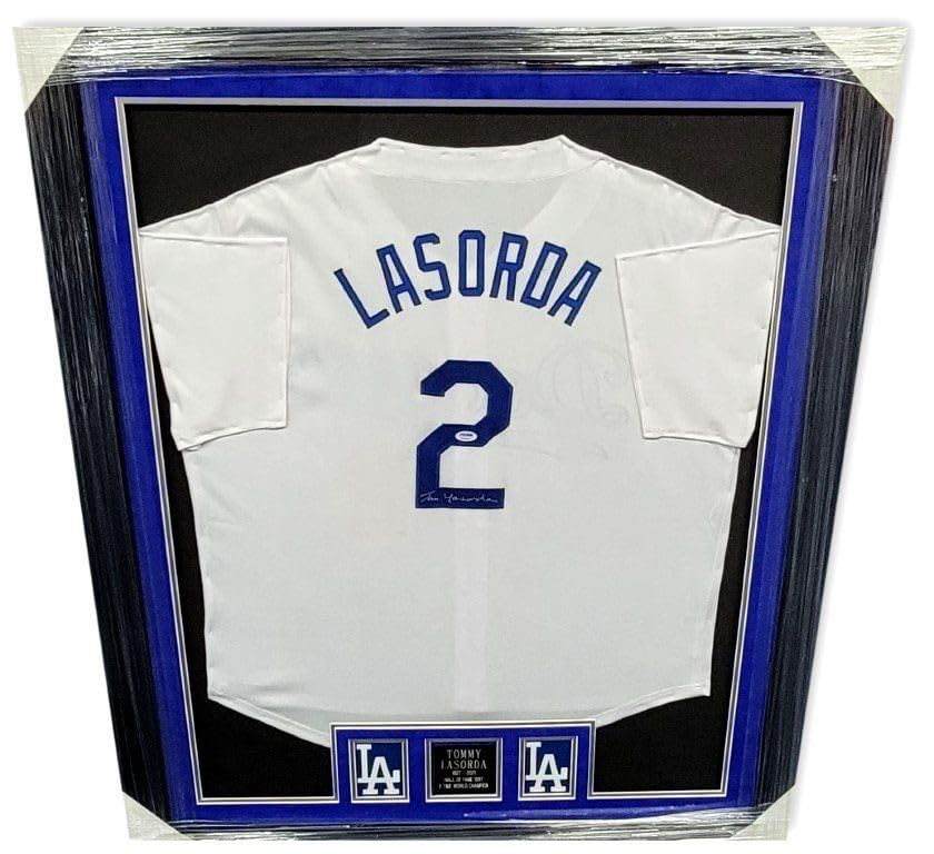 Authentic Tom Lasorda Signed Autographed Framed Jersey - Los Angeles Dodgers #2 with PSA S19657 Certificate - Perfect for Sports Memorabilia Collectors and Dodgers Fans Display
