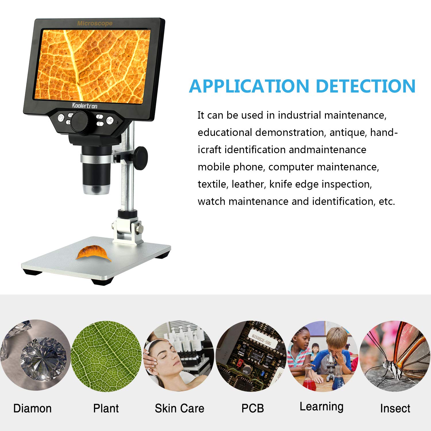 Koolertron 7 Inch LCD Digital Microscope - 12MP 1080P Magnification 1-1200X with 8 LED Lights & Rechargeable Battery - Ideal for PCB Soldering, Coin Collecting, Rock/Insect Observation, Watch Repair & Hobbyist Use