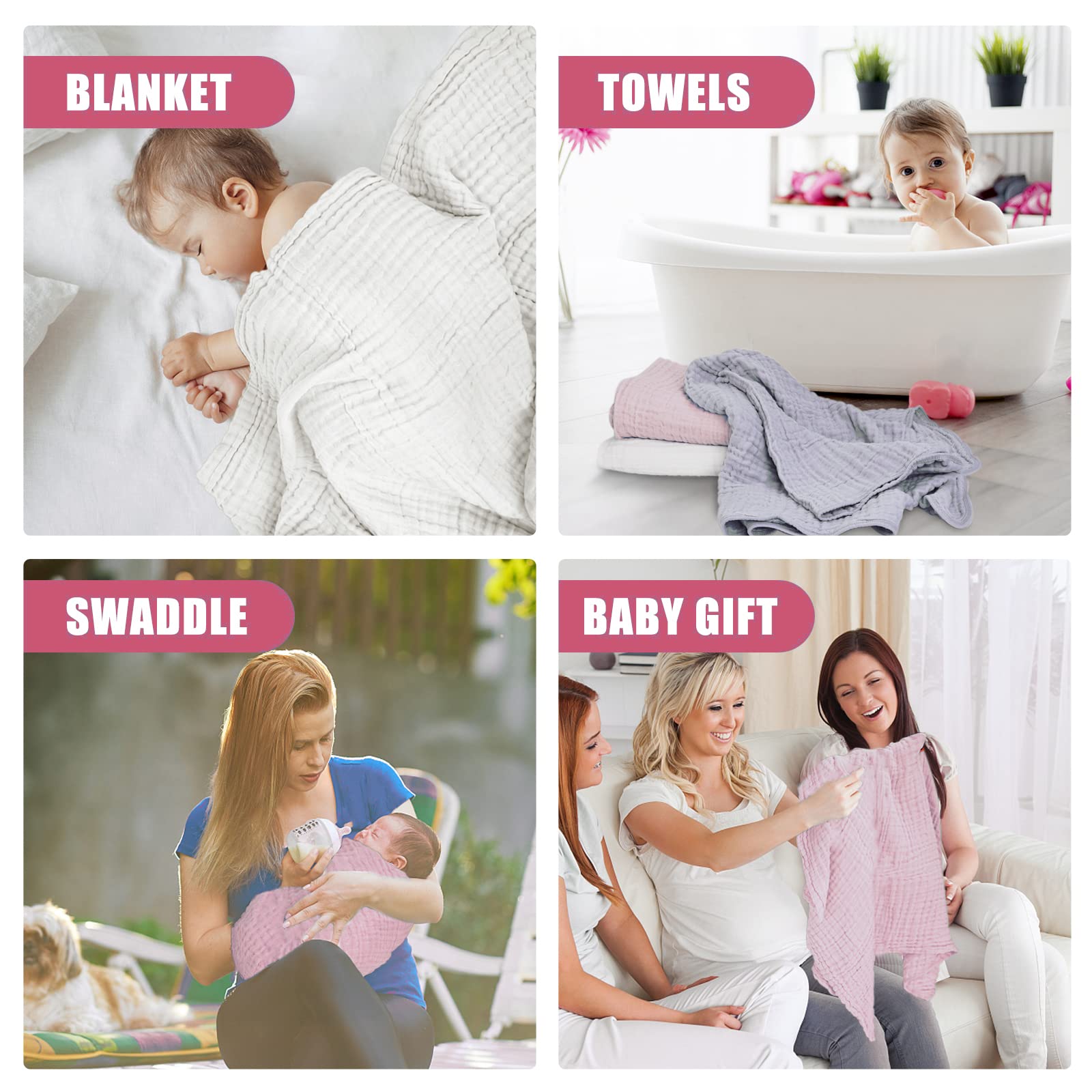 WinReal 3-Pack Muslin Baby Bath Towels - Ultra Soft, Absorbent 6-Layer Natural Cotton Infant Towels (40x40 inches) for Newborn, Toddler - White, Pink & Grey - Perfect for Bath Time, Swaddling & Nursery Essentials