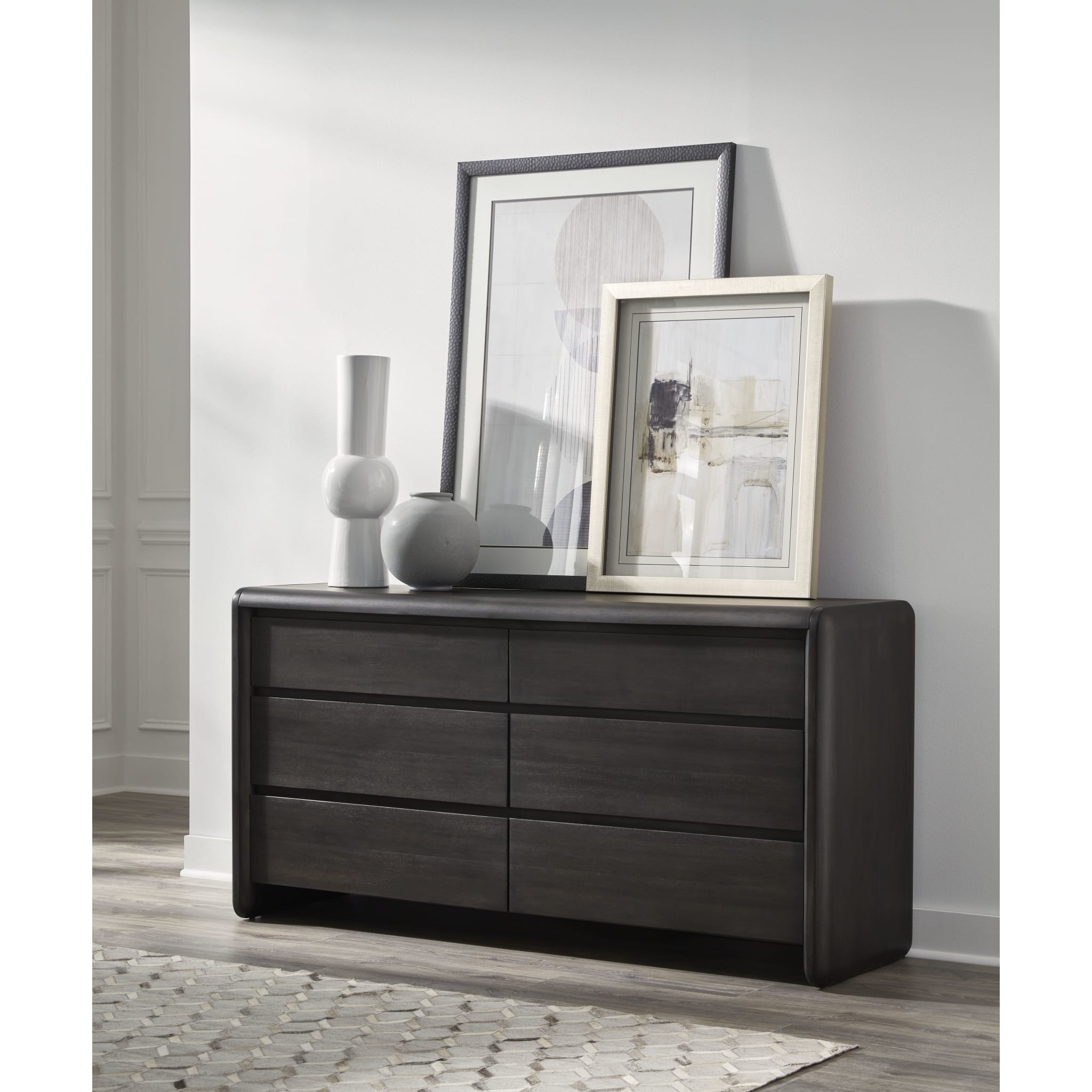 Xolani 6-Drawer Acacia Wood Dresser in Jaguar Finish - Stylish Bedroom Storage for Clothes, Linens & Accessories