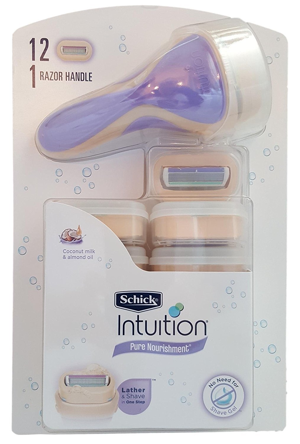 Schick Intuition Pure Nourishment Razor with 12 Refillable Cartridges - Smooth Shaving for Women's Legs, Underarms & Bikini Line at Home or Travel