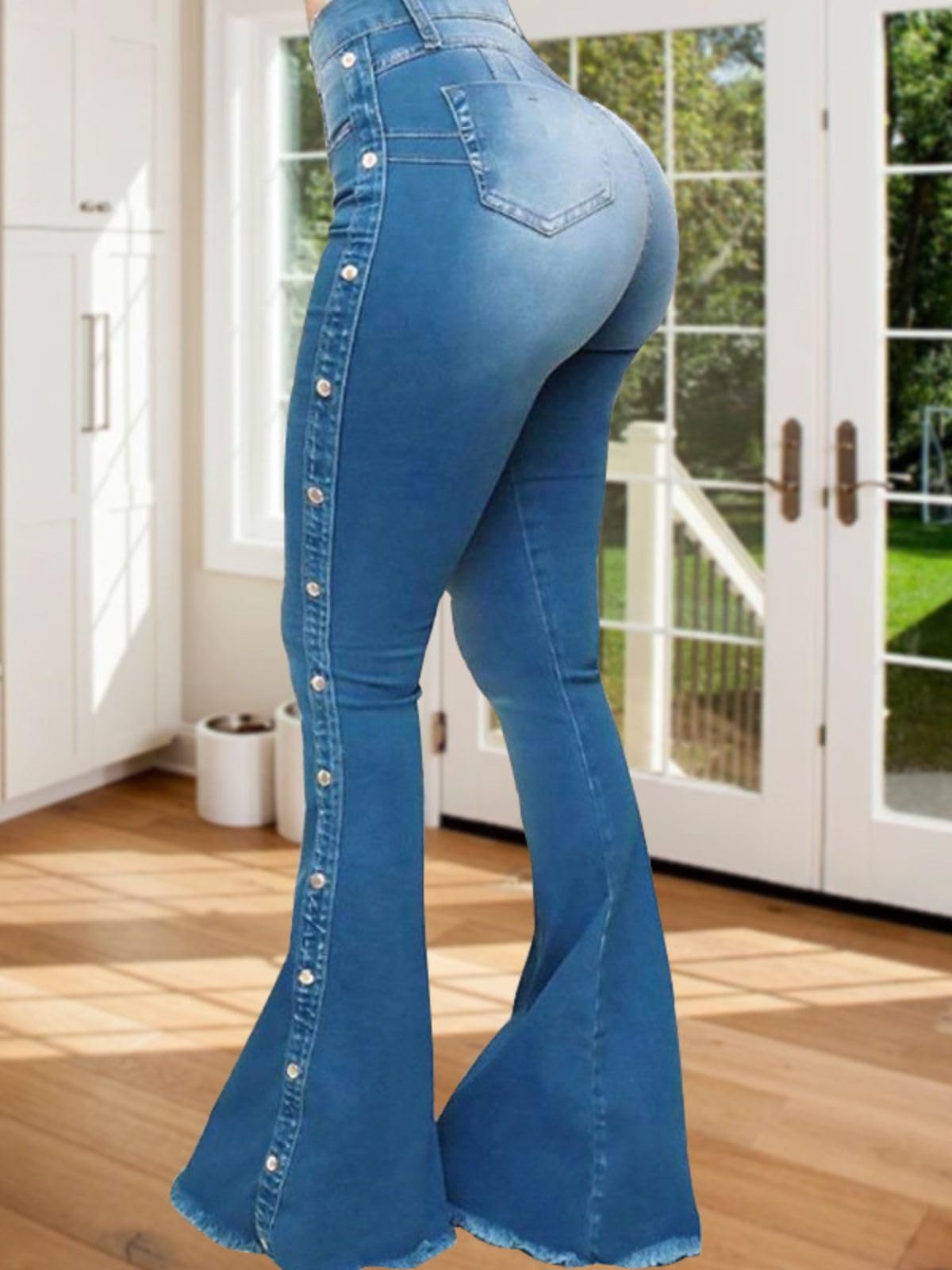 Women's High Waisted Flare Jeans - Stretch Bell Bottom Pants with Pockets for Casual Outfits