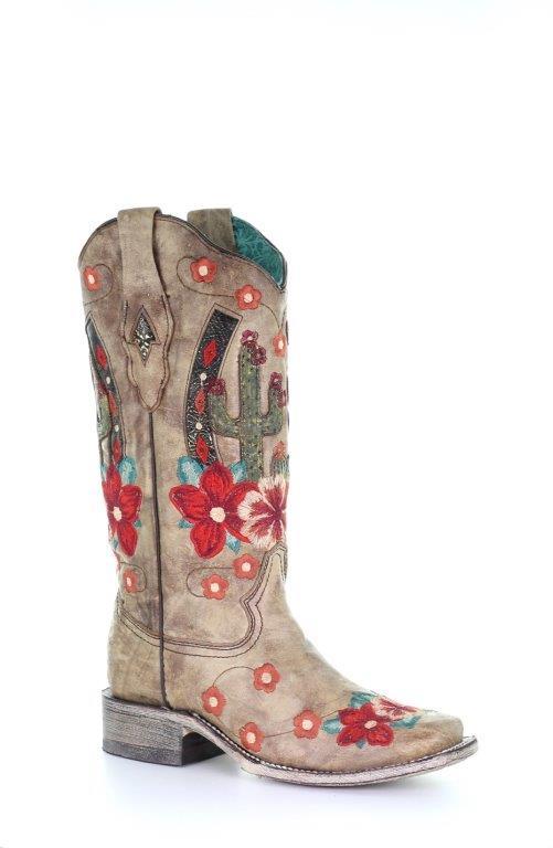 A3769 LD Taupe Cactus Overlay & Flowered Embroidery Square Toe Women's Sandals - Perfect for Summer Beach Vacations, Boho Outfits, and Casual Wear