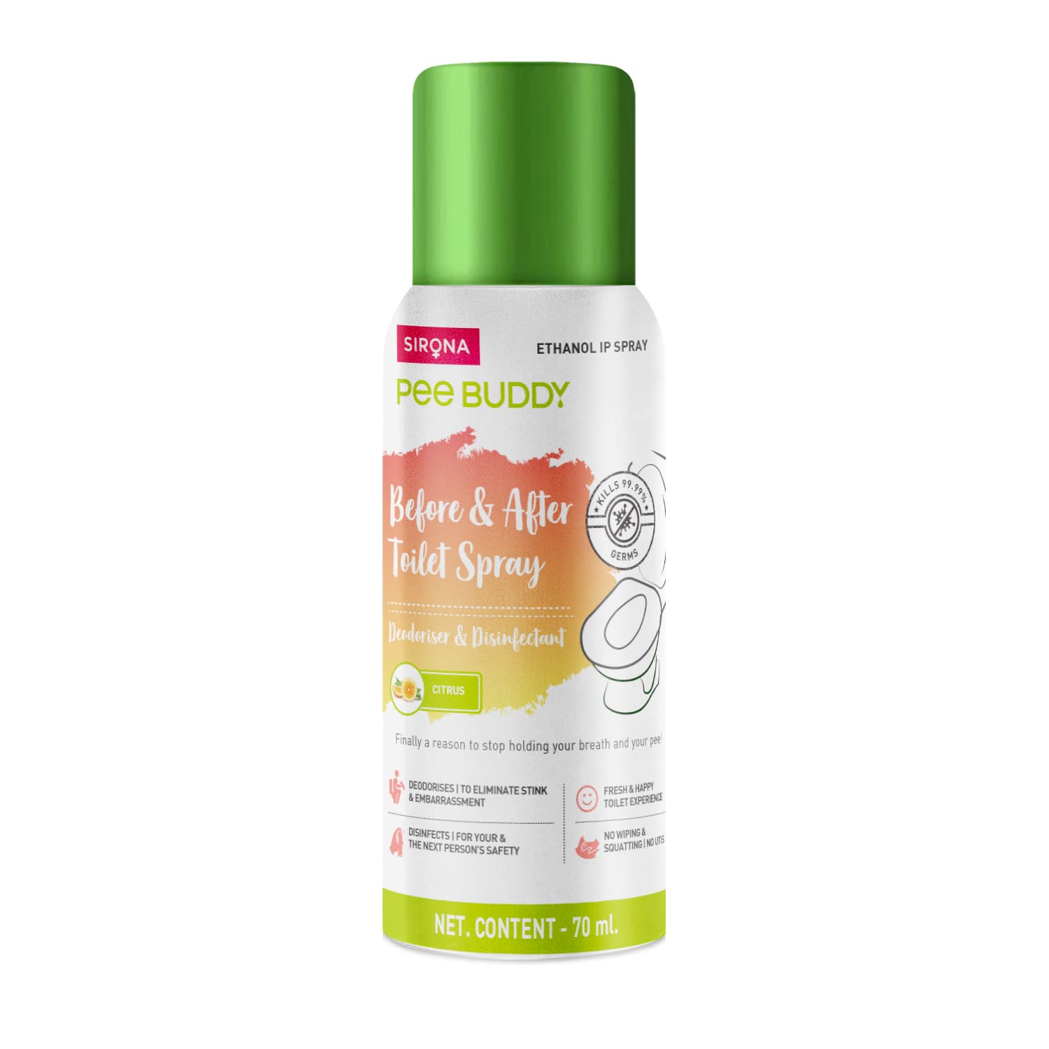 PEE BUDDY Toilet Seat Sanitizer Spray - 70ml Citrus Scent | Kills 99.9% Germs & Prevents UTI | Portable Bathroom Disinfectant & Deodorizer | Travel, Gym & Public Restroom Essential | Safe for Kids & Adults