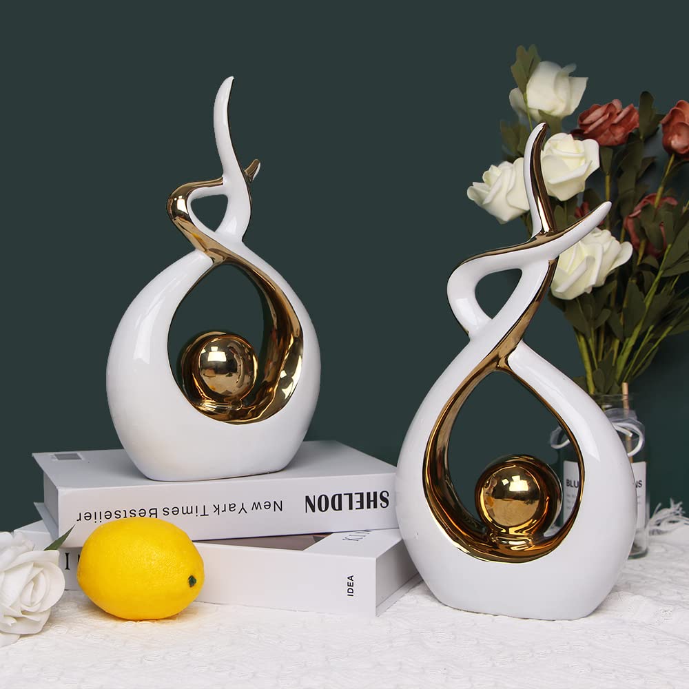 Norrclp Modern Abstract Art Ceramic Statue - White & Gold Small Table Decor for Dining Room, Living Room, Office Centerpiece, Home Decor Gift Idea