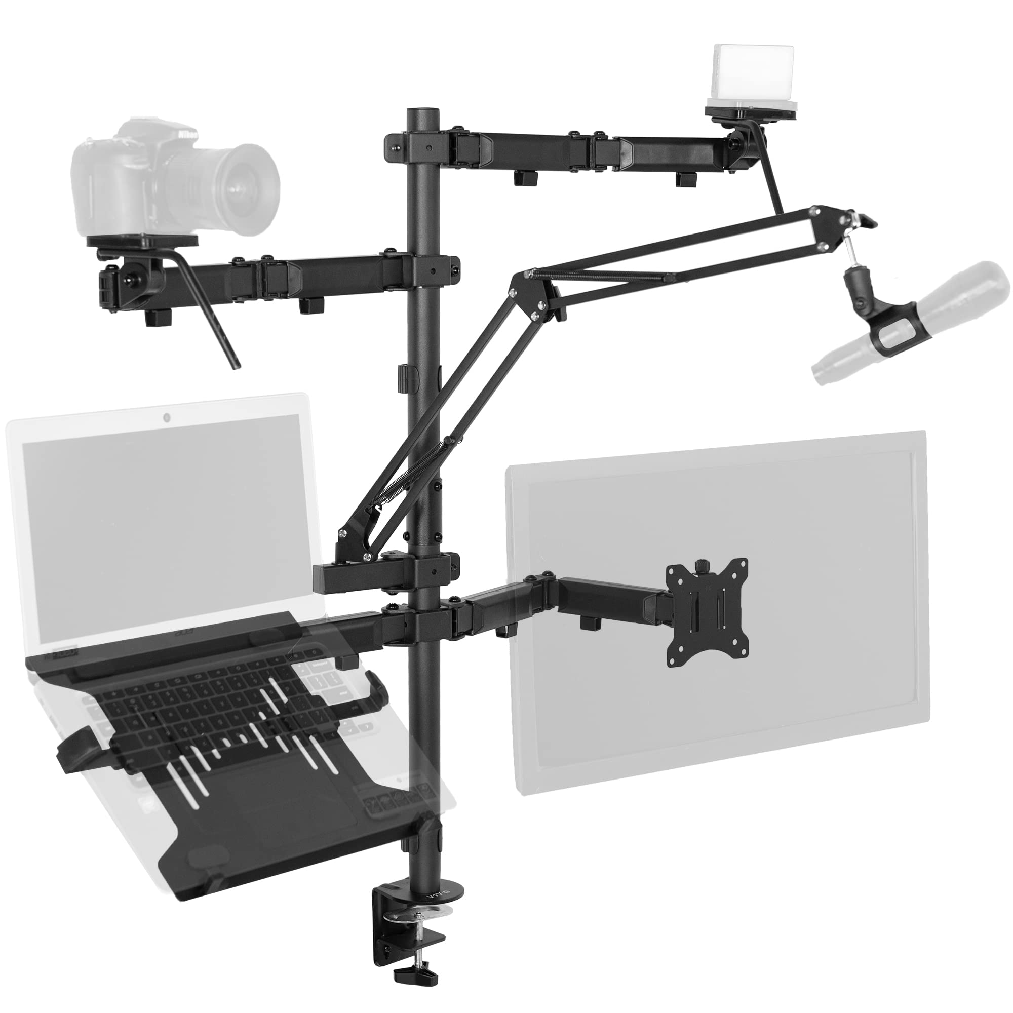 VIVO All-in-One Computer Studio Desk Mount with Mic Boom, Dual Monitor Stand for 32 inch Screens, Laptop Holder & Livestream Arms - Compatible with Cameras, Lights, Phone/Tablet Adapters (STAND-LIVE2L) - Perfect for Home Office, Gaming Setup & Content Creation Studio