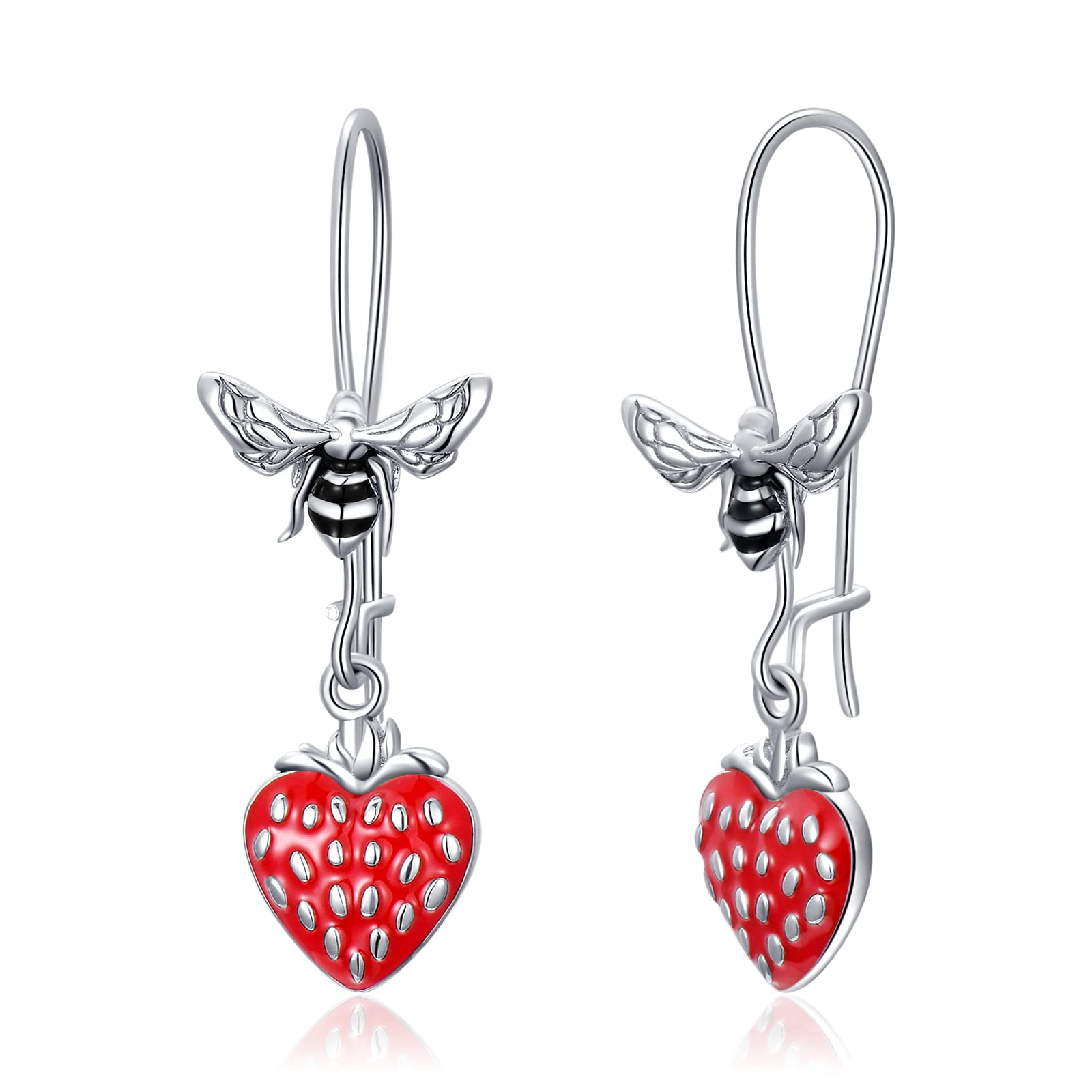 Strawberry Bee Hoop Earrings for Women - Sterling Silver Dangle Drop Jewelry - Cute Bee Earrings for Girls - Perfect Gift for Birthday, Valentine's Day & Everyday Wear - Boho Chic Summer Accessories