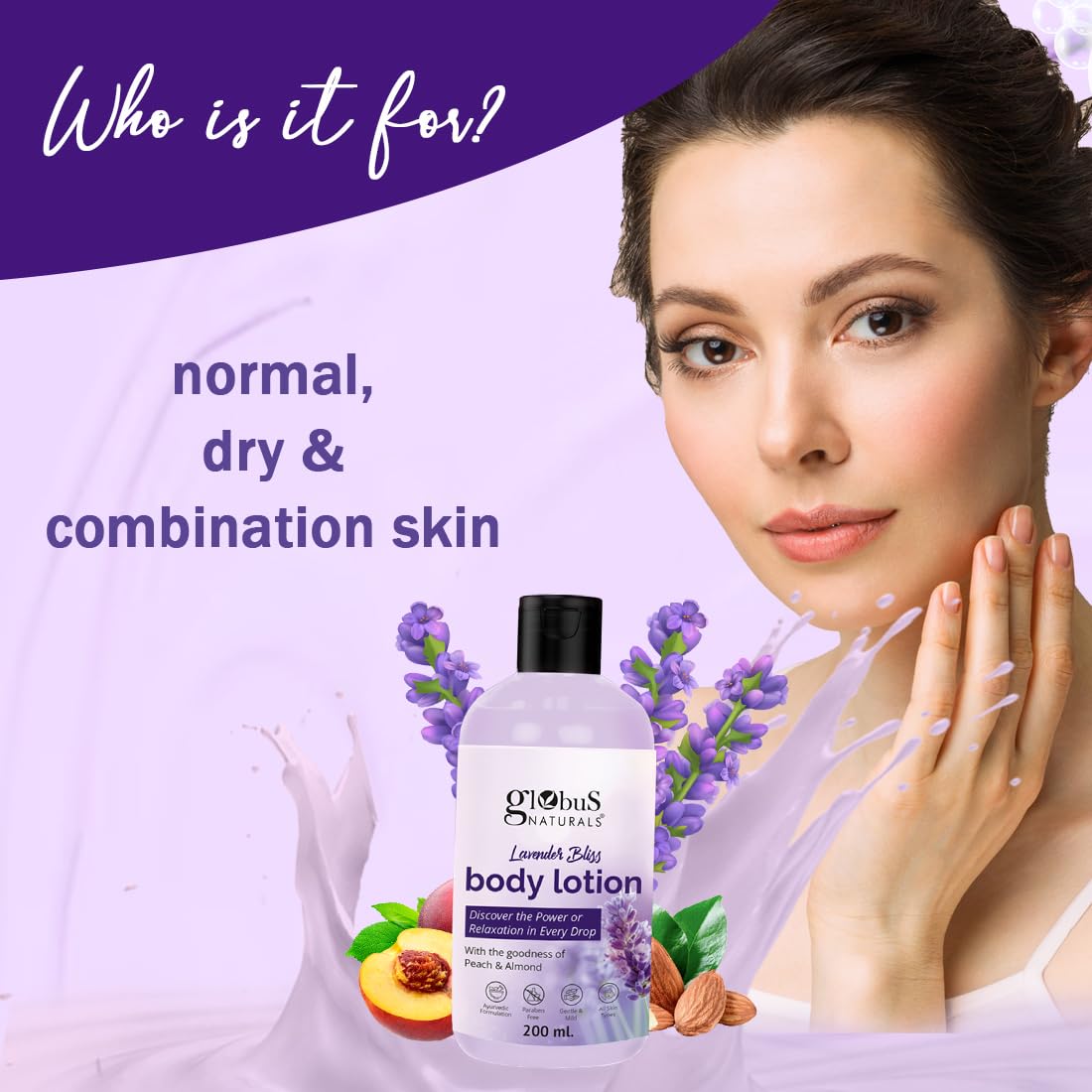 Globus Naturals Lavender Bliss Body Lotion with Coconut Oil & Cucumber Extracts - Ayurvedic, Paraben-Free Moisturizer for Dry, Sensitive & All Skin Types - 200ml (Pack of 2) - Perfect for Daily Hydration, Relaxation & Aromatherapy