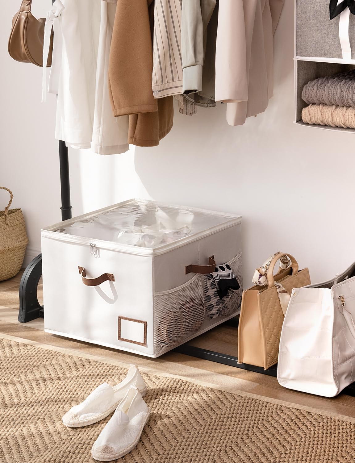 StorageWorks 16-Pair Shoe Organizer for Closet - Grey Shoe Cubby Storage with Mesh Pocket & Clear Cover | Space-Saving Closet Shoe Rack for Home, Dorm, or Office Organization