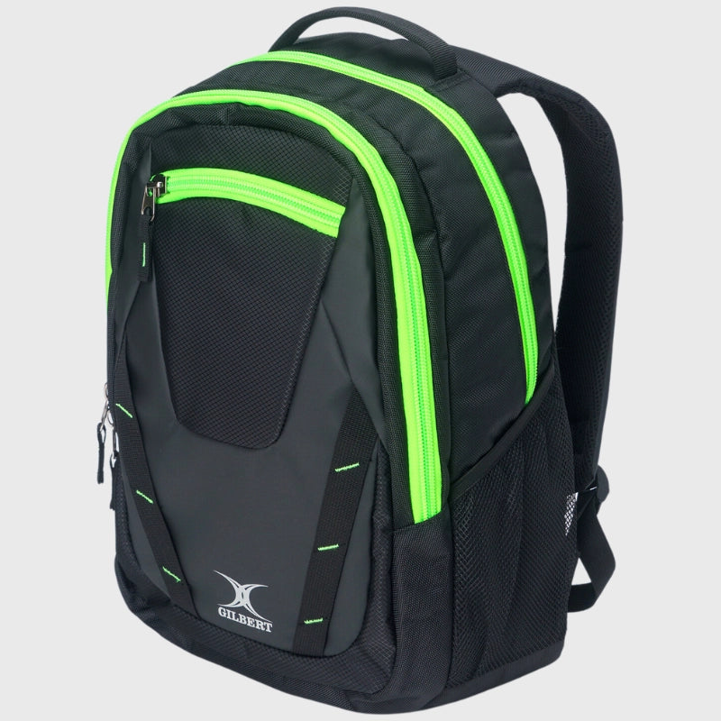 Gilbert Club V4 Rugby Backpack - Durable Sports Bag for Training & Matches - Black/Fluorescent Green - Perfect for Rugby Players & Fans