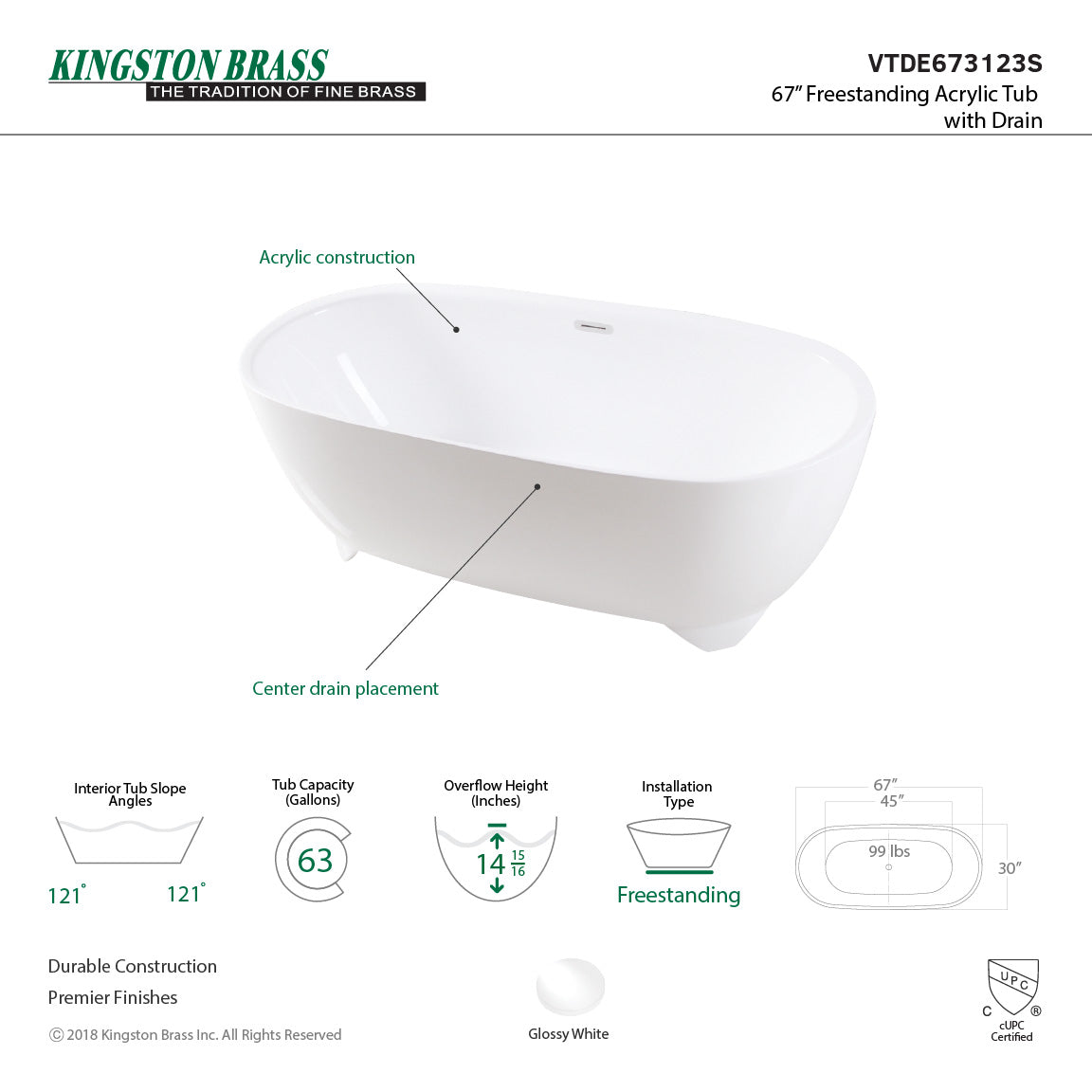 Aqua Eden 67-Inch Freestanding Acrylic Oval Bathtub with Drain - Glossy White - Double Ended Soaking Tub for Luxury Bathrooms & Spa Retreats