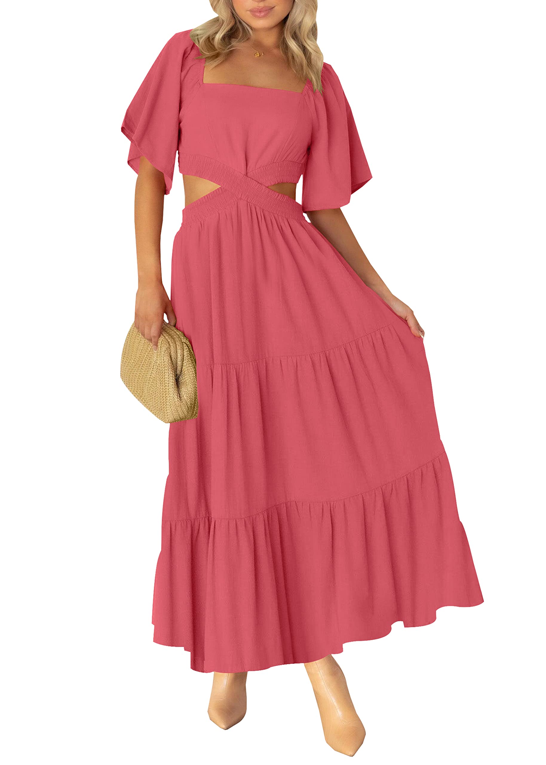 LEANI Women's 2025 Summer Cutout Maxi Dress - Square Neck Short Sleeve Crossover Waist Casual Party Dress for Beach Vacation, Wedding Guest & Date Night Outfits