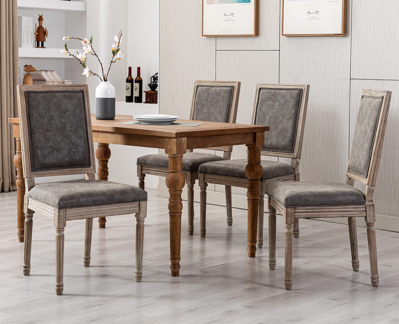 Kmax French Dining Chairs Set of 4 - Modern PU Leather Upholstered Square Back Grey Kitchen Chairs for Dining Room, Farmhouse, Restaurant & Home Decor