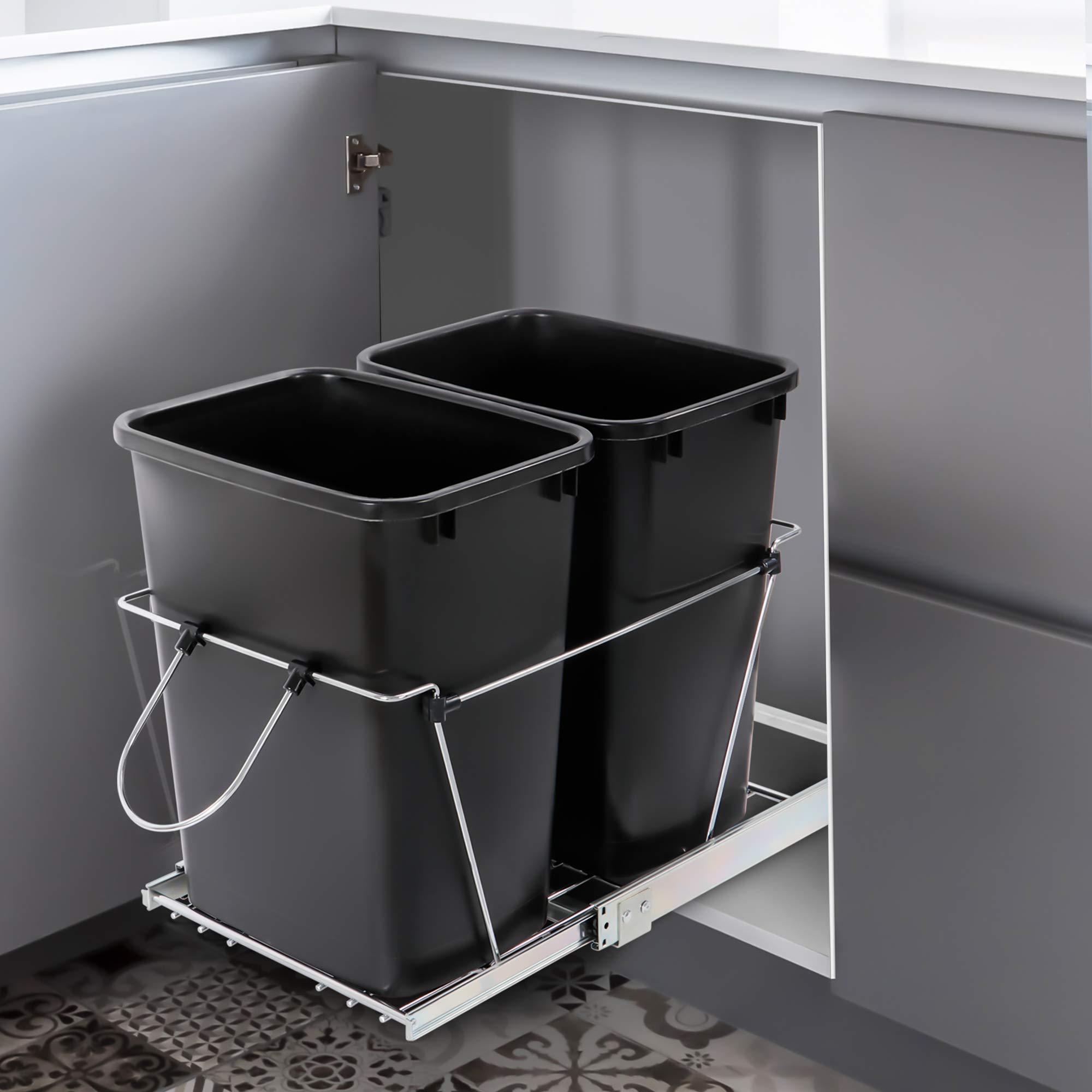 35 Quart Double Sliding Pull-Out Trash Can for Under Kitchen Cabinets - Black Waste Bin with Recycle Container | Perfect Under-Sink Garbage Solution for Home Kitchen Organization & Easy Waste Disposal