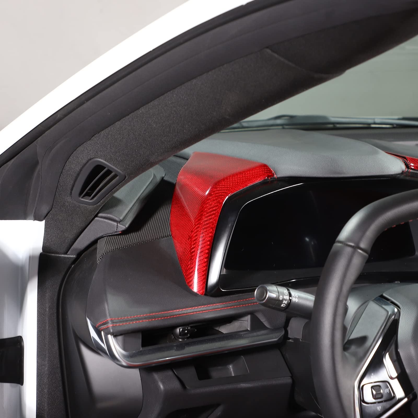 Premium Real Carbon Fiber Car Dashboard Cover for Chevrolet Corvette C8 2020-2023 - Side Instrument Hood & Center Console Trim Accessories (Red) - Enhances Interior Style & Protects Dash from Sun Damage