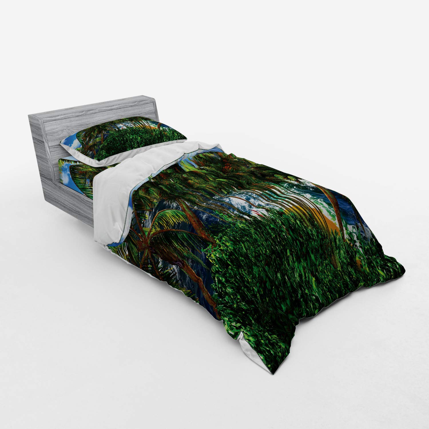 Ambesonne Hawaiian Duvet Cover Set - Tropical Palm Trees Forest with Cloudy Summer Sky & Ocean View, 3-Piece Bedding Set (Twin Size, Green Blue Brown) - Perfect for Beach House Decor, Vacation Home Bedroom, or Tropical Themed Room Makeover