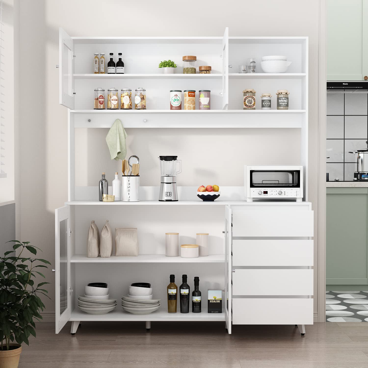 White Large Kitchen Hutch Cabinet with 4 Glass Doors & 4 Drawers - 63