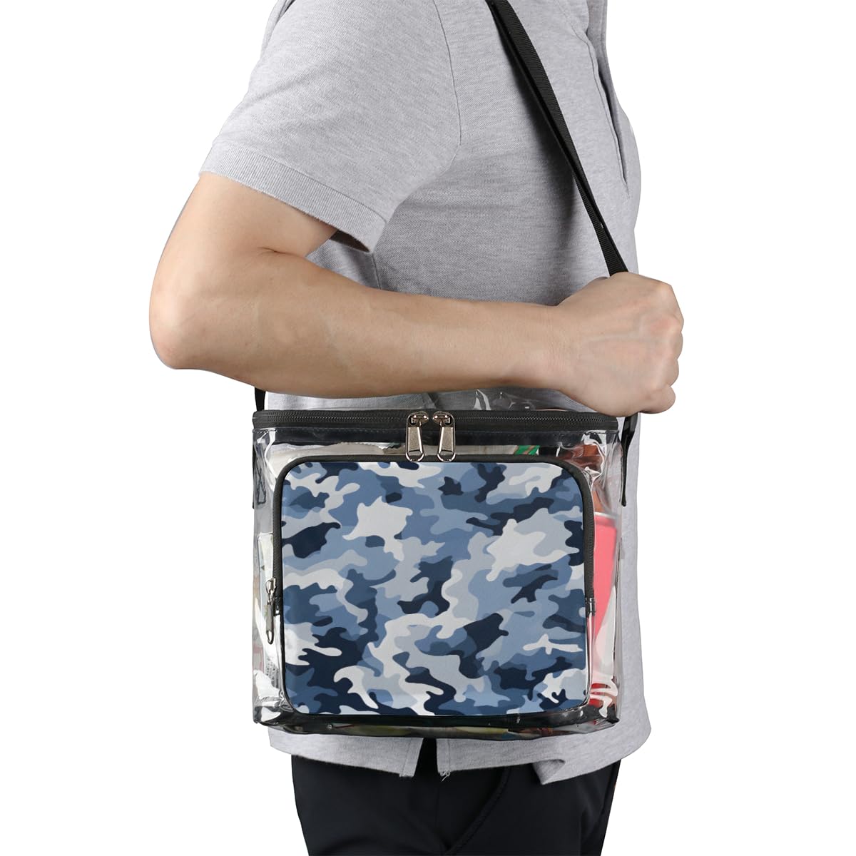 GzLeyigou Blue White Camouflage Clear Tote Bag with Handles - Transparent Crossbody Shoulder Lunch Bag for Outdoor, Travel, Picnic, Concerts & Sports Events | Stadium Approved Multipurpose Carryall | Perfect for Beach Days, Music Festivals and Shopping Trips
