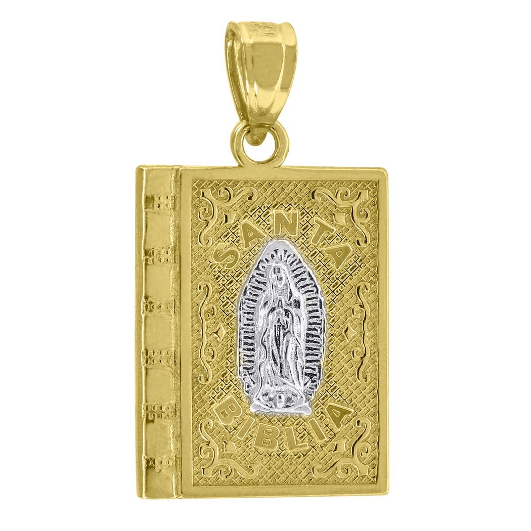 14K Gold Two-Tone Santa Biblia Holy Bible Pendant Necklace with Guadalupe Mary Charm - 23mm Religious Jewelry for Men - Perfect Gift for Baptism, Confirmation & Faith-Based Occasions