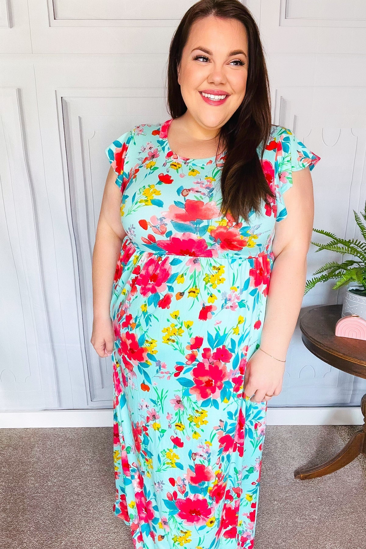 Aqua Floral Fit & Flare Maxi Dress for Women - Summer Beach Wedding Party Dress - Flowy Long Dress with V-Neck & Ruffle Hem