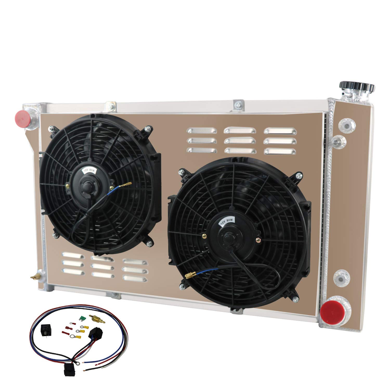 ALLOYWORKS 4 Row Aluminum Radiator with Shroud Fan & Relay Kit - Compatible with 1967-1972 Chevy C10 C20 C30 K10 K20 K30 & GMC Pickup Trucks - Heavy Duty Cooling for Off-Road, Towing & Performance Upgrades