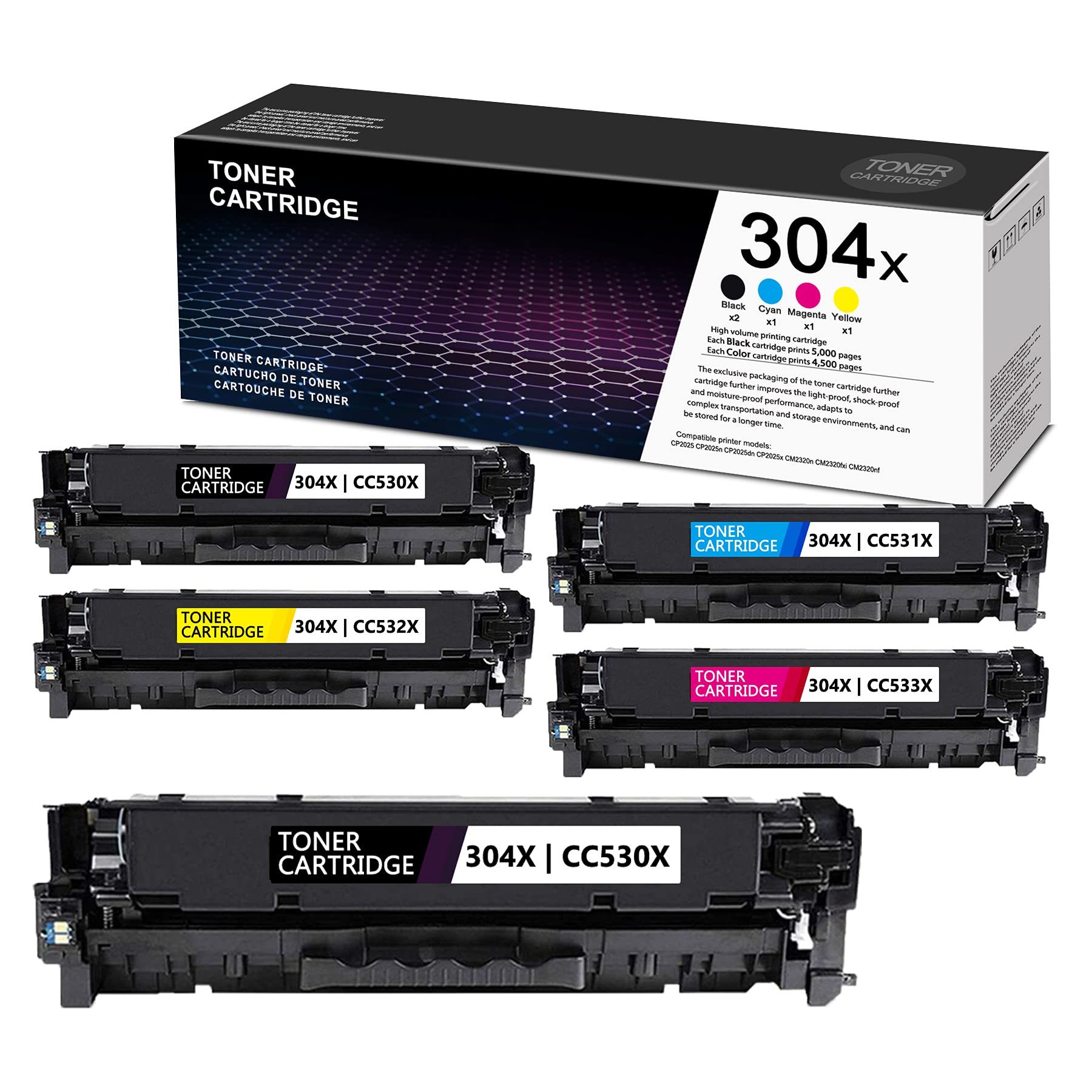 HP CM2320nf CP2025dn CM2320n CM2320fxi CP2025x CP2025 CP2025n Compatible Remanufactured Toner Cartridge (5 Pack, 2BK+1C+1M+1Y) - Replacement for 304X CC530X CC531X CC532X CC533X | Ideal for Office Printing, Business Documents & High-Volume Copying
