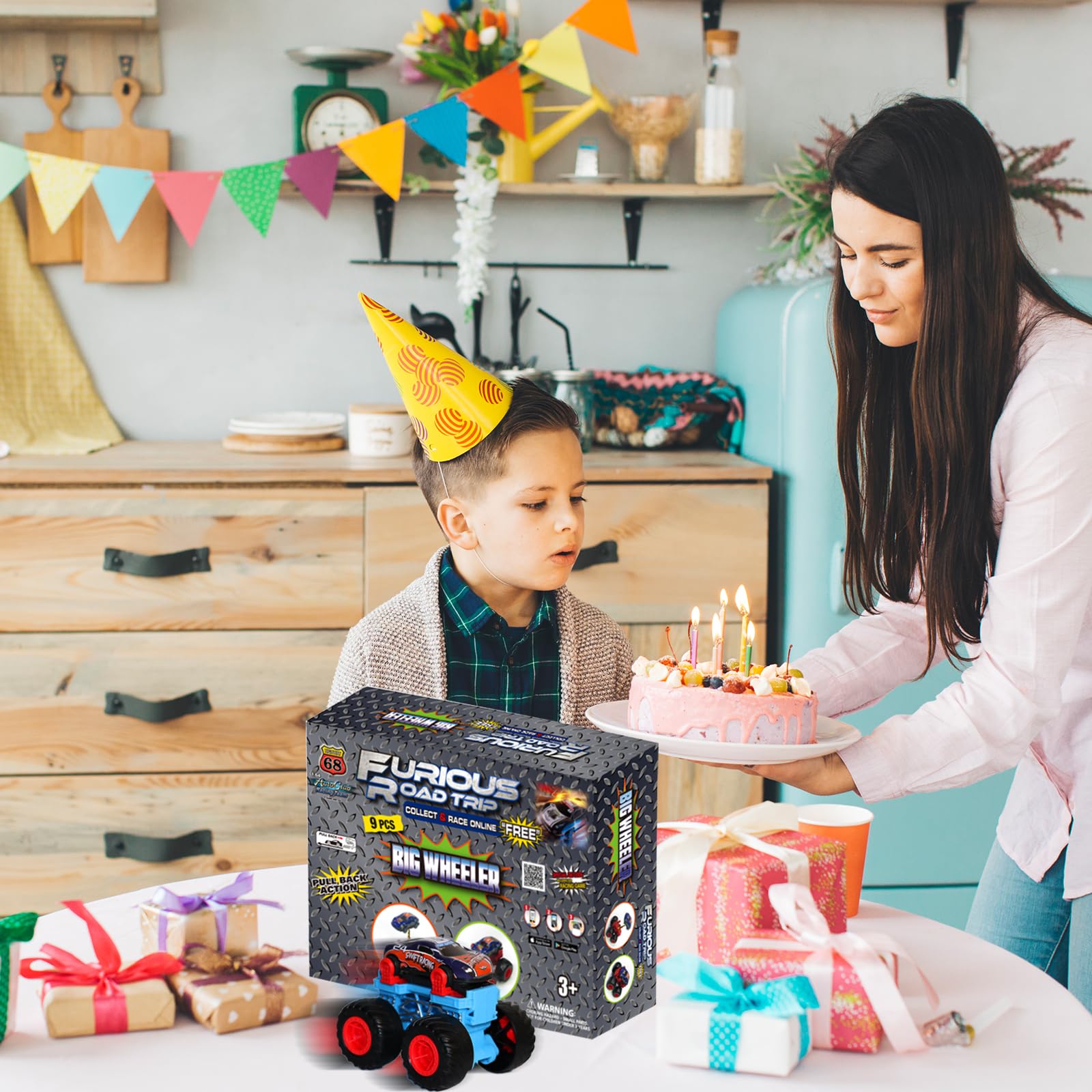 Golden Wheel 9-Pack Pull Back Cars & Monster Trucks - 1:64 Scale Die-Cast Toy Vehicles for Boys Age 3+ | Mini Race Car Set with Free Online Games | Perfect for Birthday Gifts, Playtime & Collecting