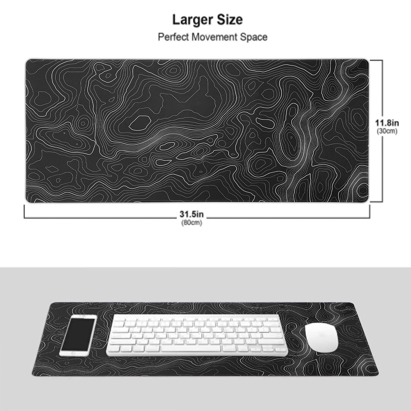AQQA Black and White Topographic Line Mouse Pad - 31.5 x 11.8 Inch XL Gaming Desk Mat with Non-Slip Rubber Base - Professional Large Mouse Pad for Office, Laptop, PC Gaming - Perfect for Work, Gaming & Home Office Setup
