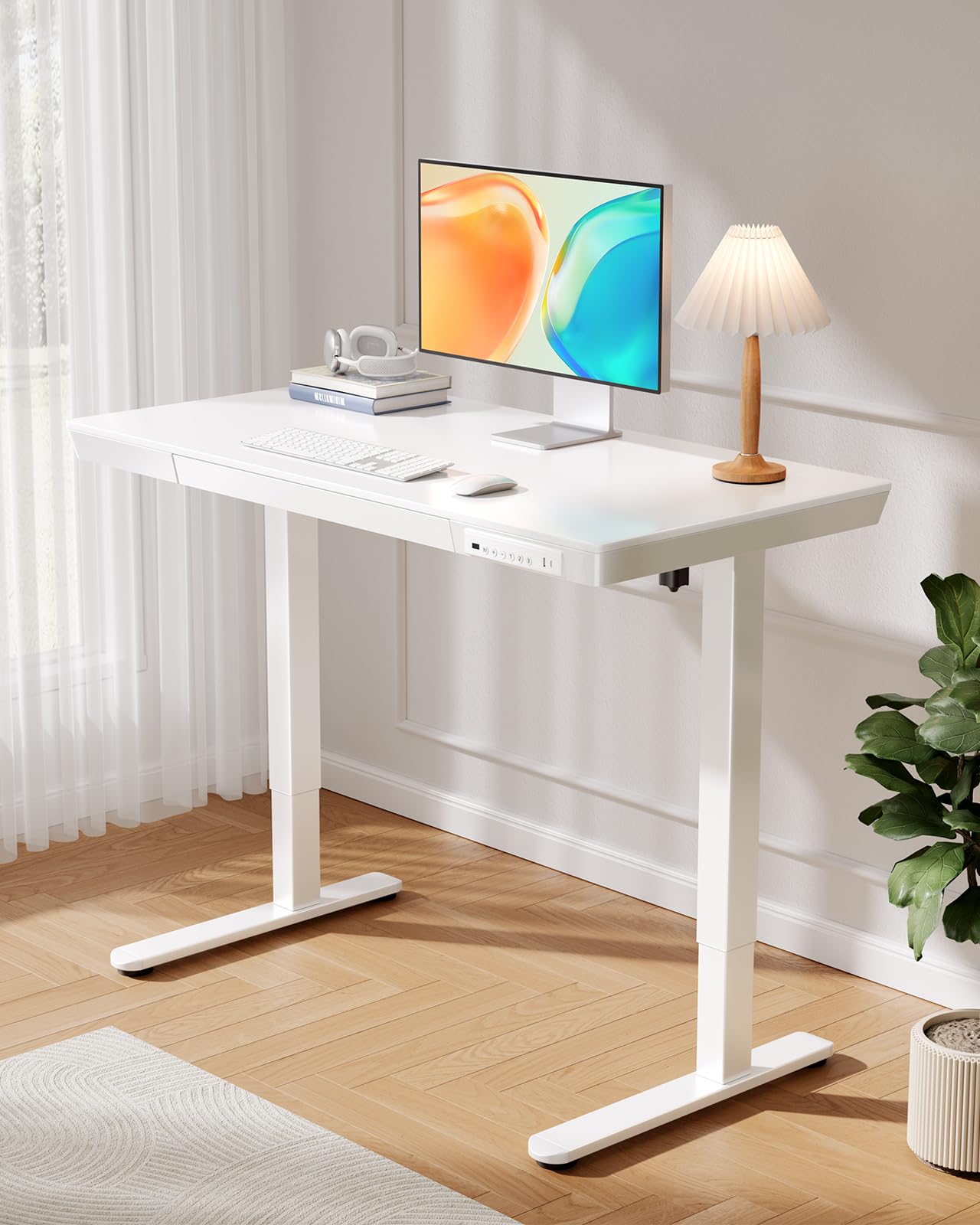 ErGear 48 x 24 Inch Electric Standing Desk with Drawers & USB Ports - Adjustable Height Wooden Computer Desk for Home Office (White) | Perfect for Remote Work, Gaming Setup & Study Space