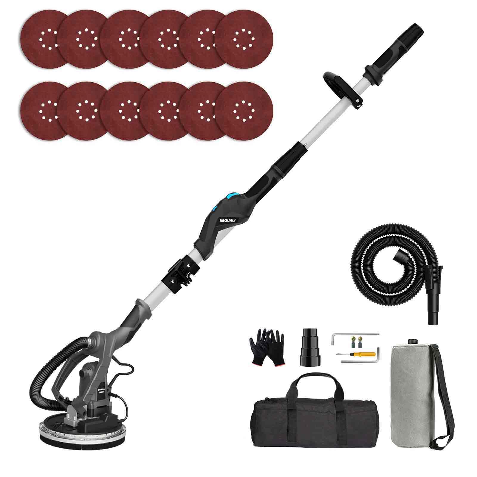 IMQUALI® 9.5A Electric Drywall Sander with Vacuum - Variable Speed 600-2600RPM, Extendable Handle, LED Light & 12 Sanding Discs - Perfect for Popcorn Ceiling Removal, Wall Smoothing & DIY Home Renovation Projects