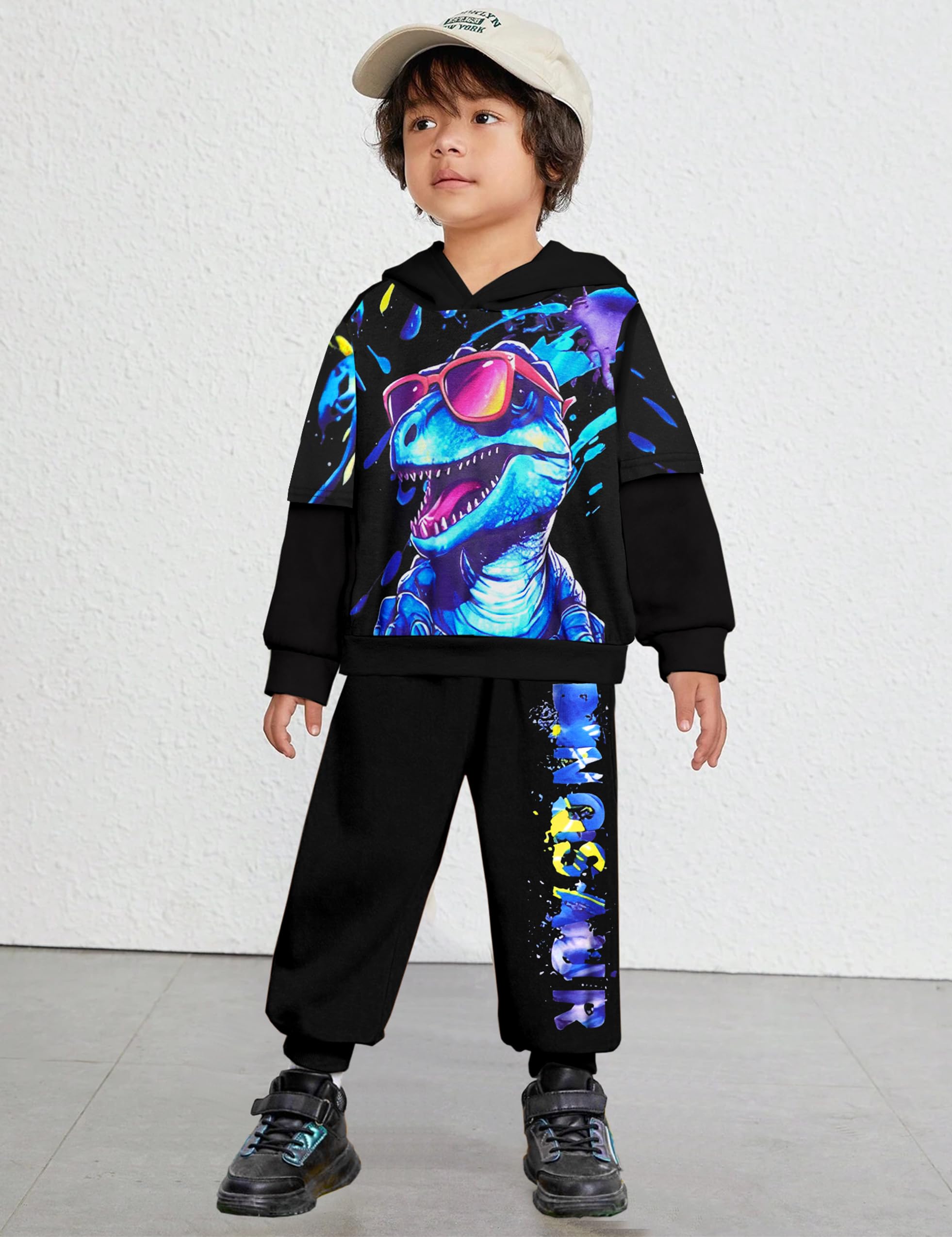 **Dinosaur Printed Toddler Boys Clothes Set 3-7 Years - Long Sleeve Hoodie & Pants Outfit for Playdates, School & Outdoor Adventures**