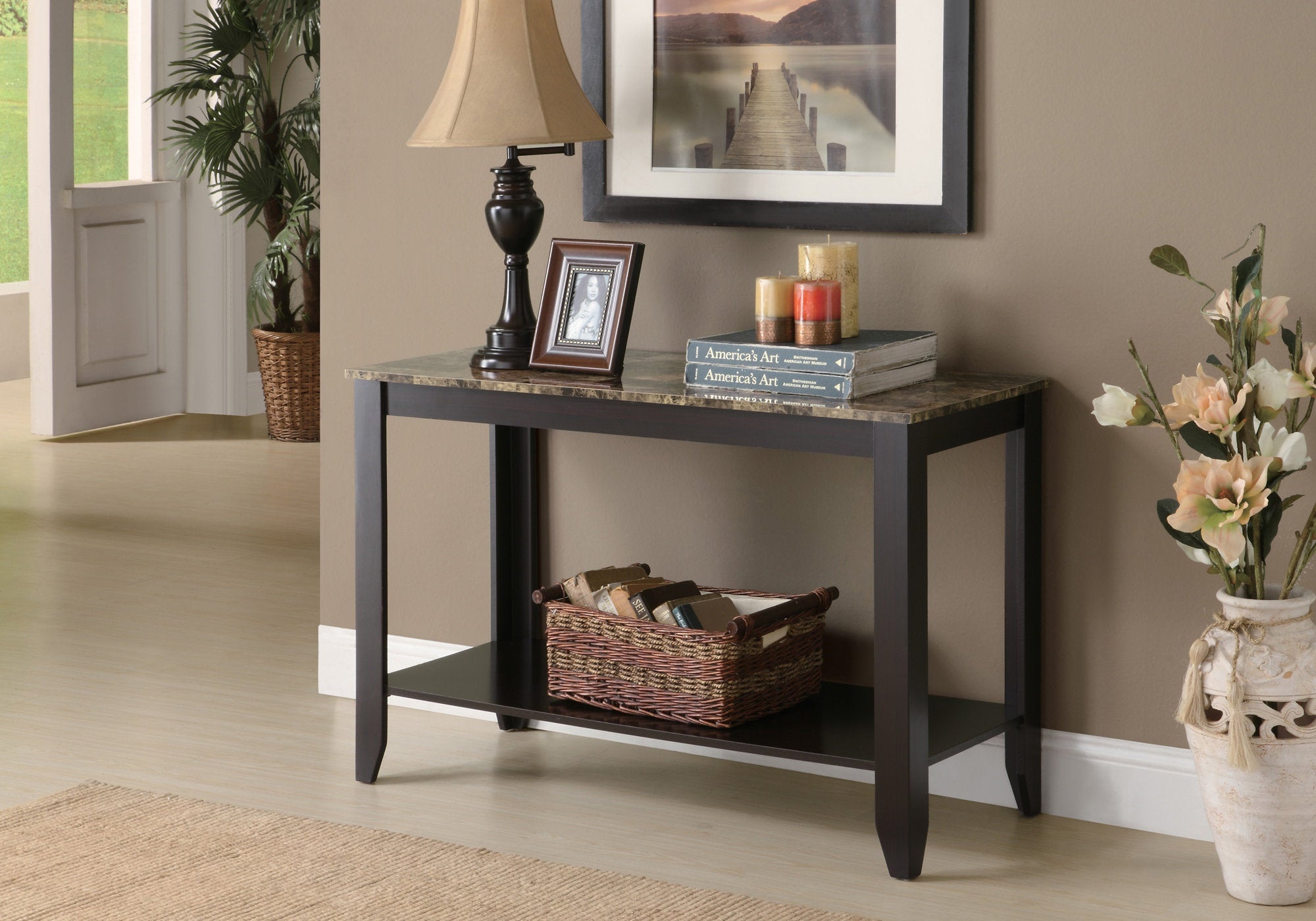 Modern Accent Table with Cappuccino Marble Top - 44 Inch Console Table for Living Room, Entryway, or Bedroom Decor