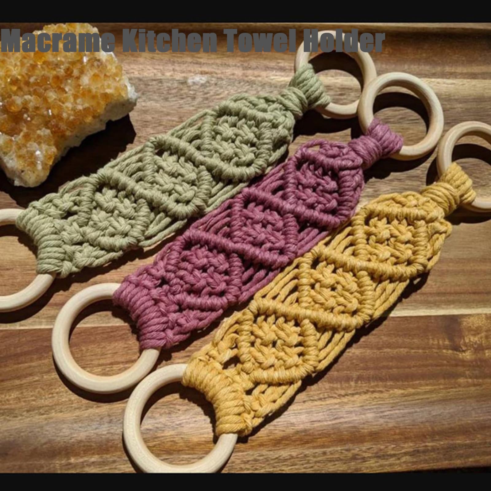 Macrame Kitchen Towel Holder - Handmade Boho Wall Hanging for Dish Towels & Decor (Khaki, 2 Pack) - Perfect for Farmhouse, Rustic & Bohemian Style Kitchens