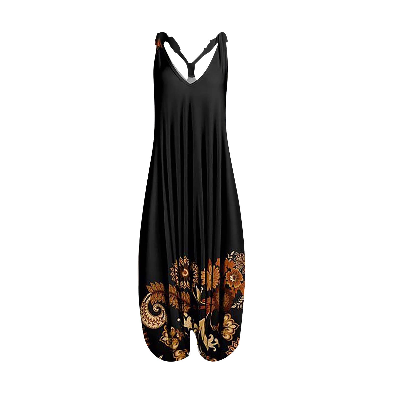 Women's Vintage Boho Print Harem Jumpsuit - Racerback Spaghetti Straps V-Neck Sleeveless Romper | Casual Summer/Fall Playsuit & Dungaree Pants | Perfect for Music Festivals, Beach Outings & Boho Chic Style