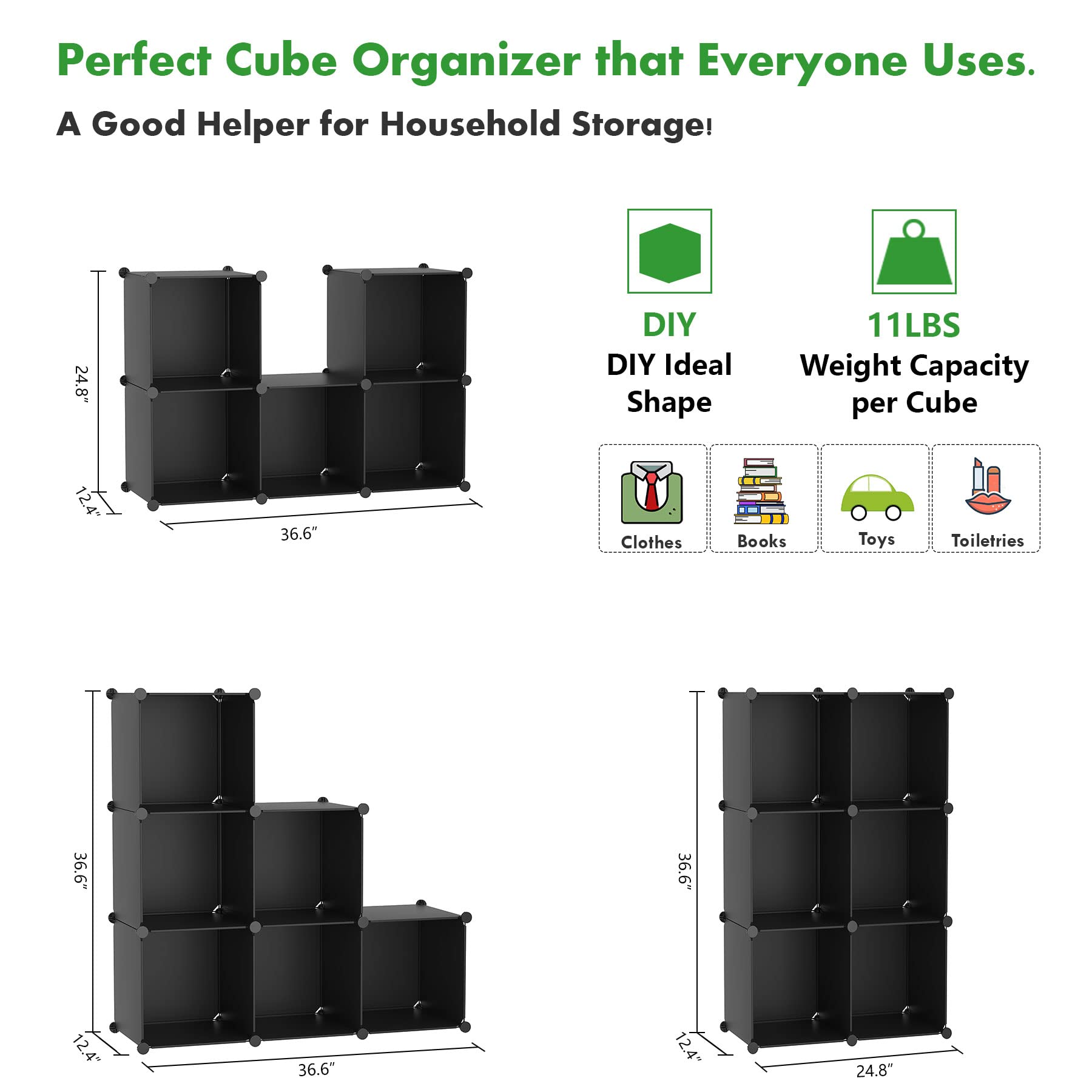 C&AHOME 6-Cube Storage Organizer | Stackable Plastic Shelves for Closet, Wardrobe & Home Organization | DIY Modular Bookshelf for Clothes, Toys & Books | Black Storage Cubes for Bedroom, Office & Kids Room