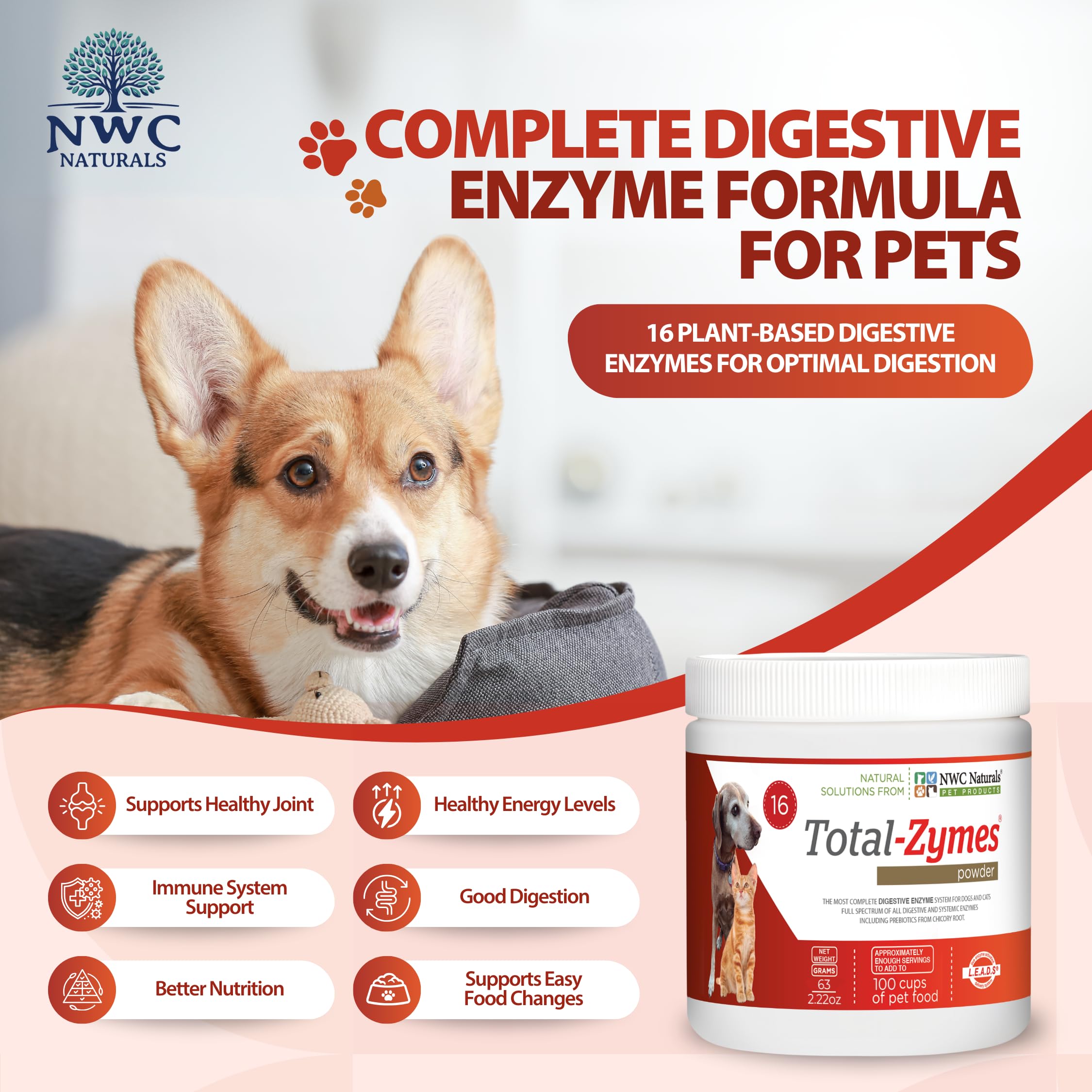 Total-Zymes Digestive Enzymes for Dogs & Cats – Gut Health Supplement with Prebiotics | Supports Food Digestion, Nutrient Absorption & Reduces Gas & Bloating | Unflavored Dog & Cat Food Additive (100 Servings, 2.2oz) – Ideal for Sensitive Stomachs & Digestive Support