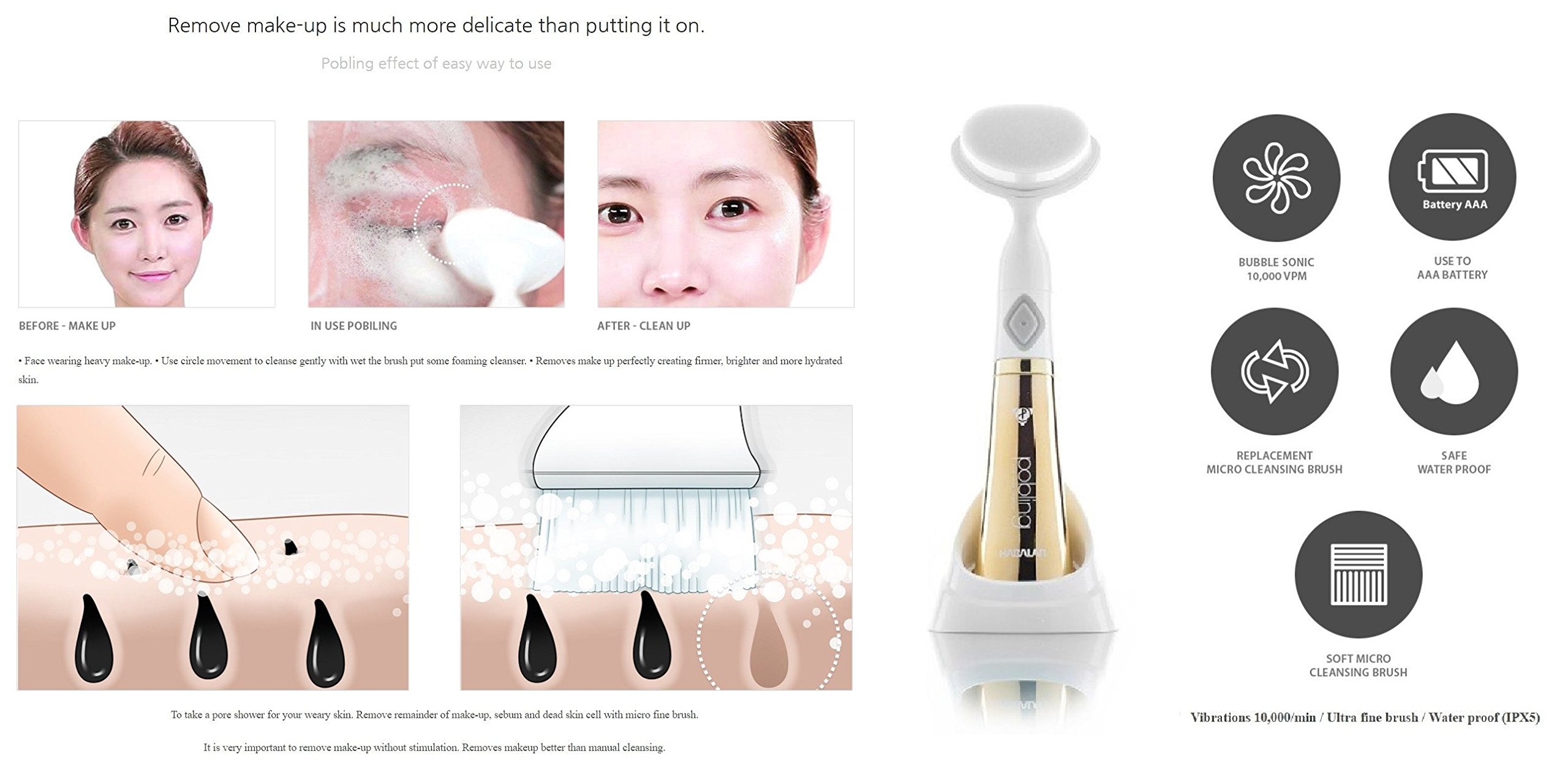 Kelley Korean Pobling Pore 3D Sonic Electronic Facial Cleanser System with Brush - Deep Cleansing for Acne, Blackheads & Oily Skin - Perfect for Daily Skincare Routine & Spa-like Experience at Home