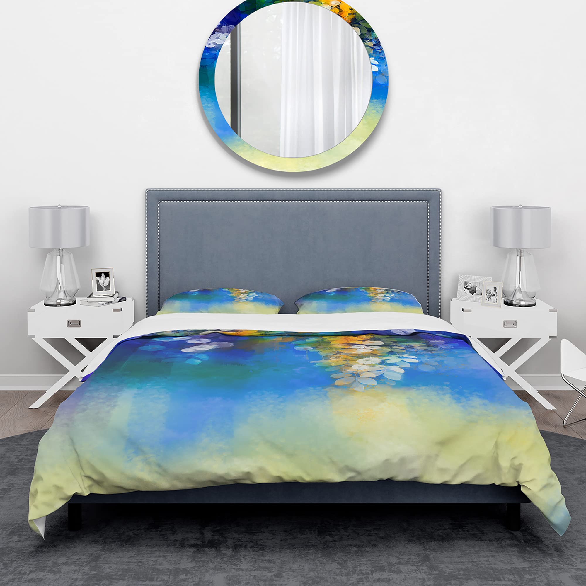 DesignQ Floral Duvet Cover Set King - Blue Coastal Bedding for Spring & All Seasons