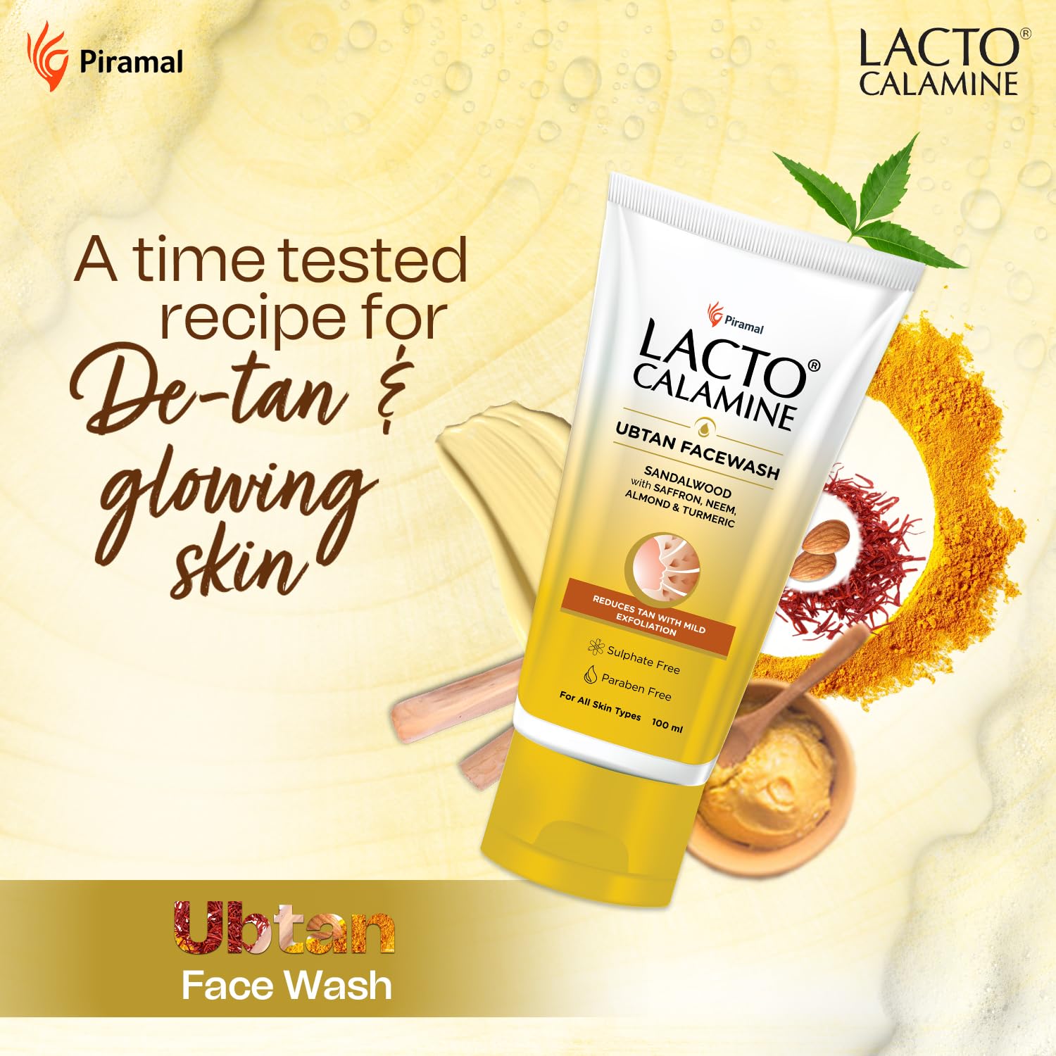 Lacto Calamine Ubtan Face Wash for Glowing Skin - Natural Face Wash with Sandalwood, Saffron, Neem, Almond & Turmeric | Exfoliating & Tan Removal | Sulphate & Paraben Free | 100ml (Pack of 2) | Perfect for Daily Skincare & Brightening Dull Complexion