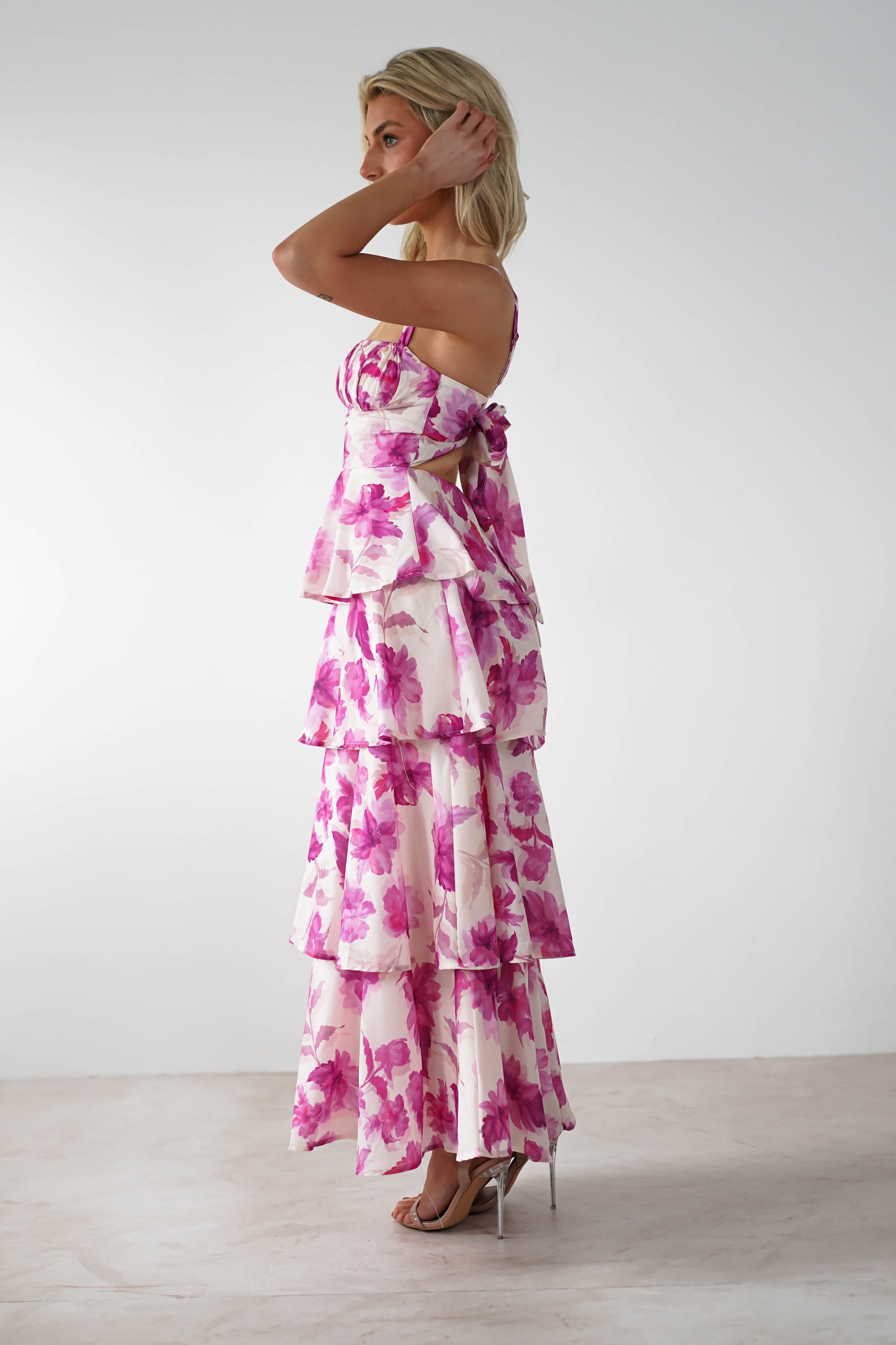 Emory Ruffle Flower Print Midaxi Dress - Floral Pink Summer Dress for Women | Perfect for Beach Vacations, Parties & Casual Outings