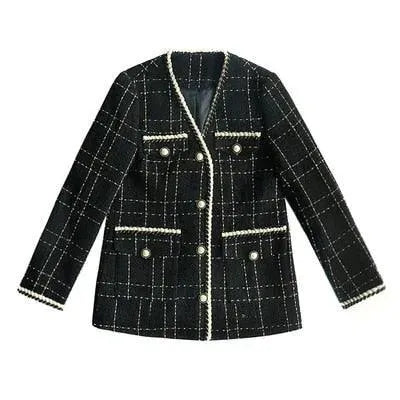 Black V-Neck Plaid Tweed Coat for Women - Elegant Winter Jacket for Office, Dating & Special Occasions