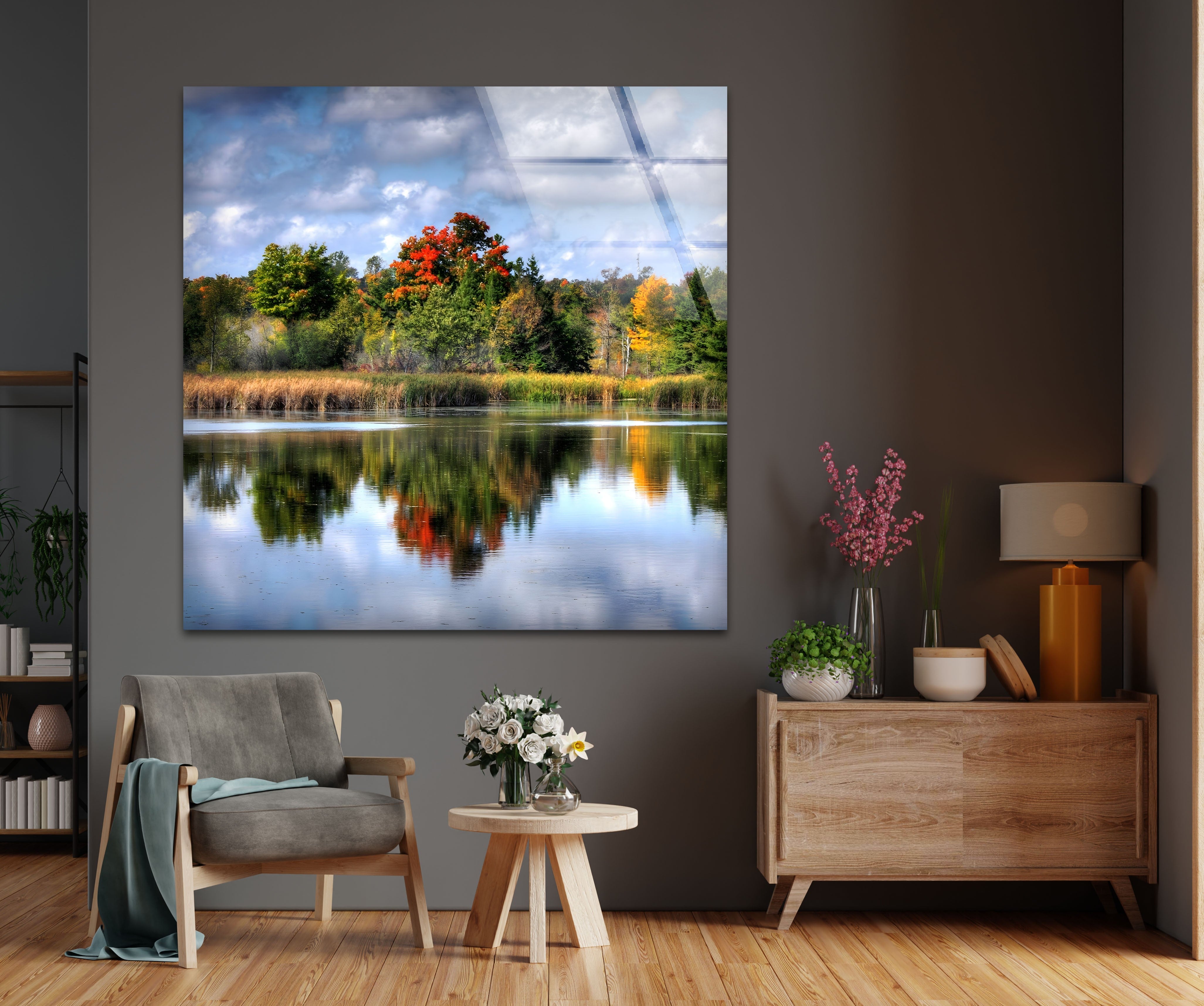 Autumn Reflections Scenic Forest Lake Glass Wall Art - Stunning Nature Decor for Living Room, Bedroom & Office
