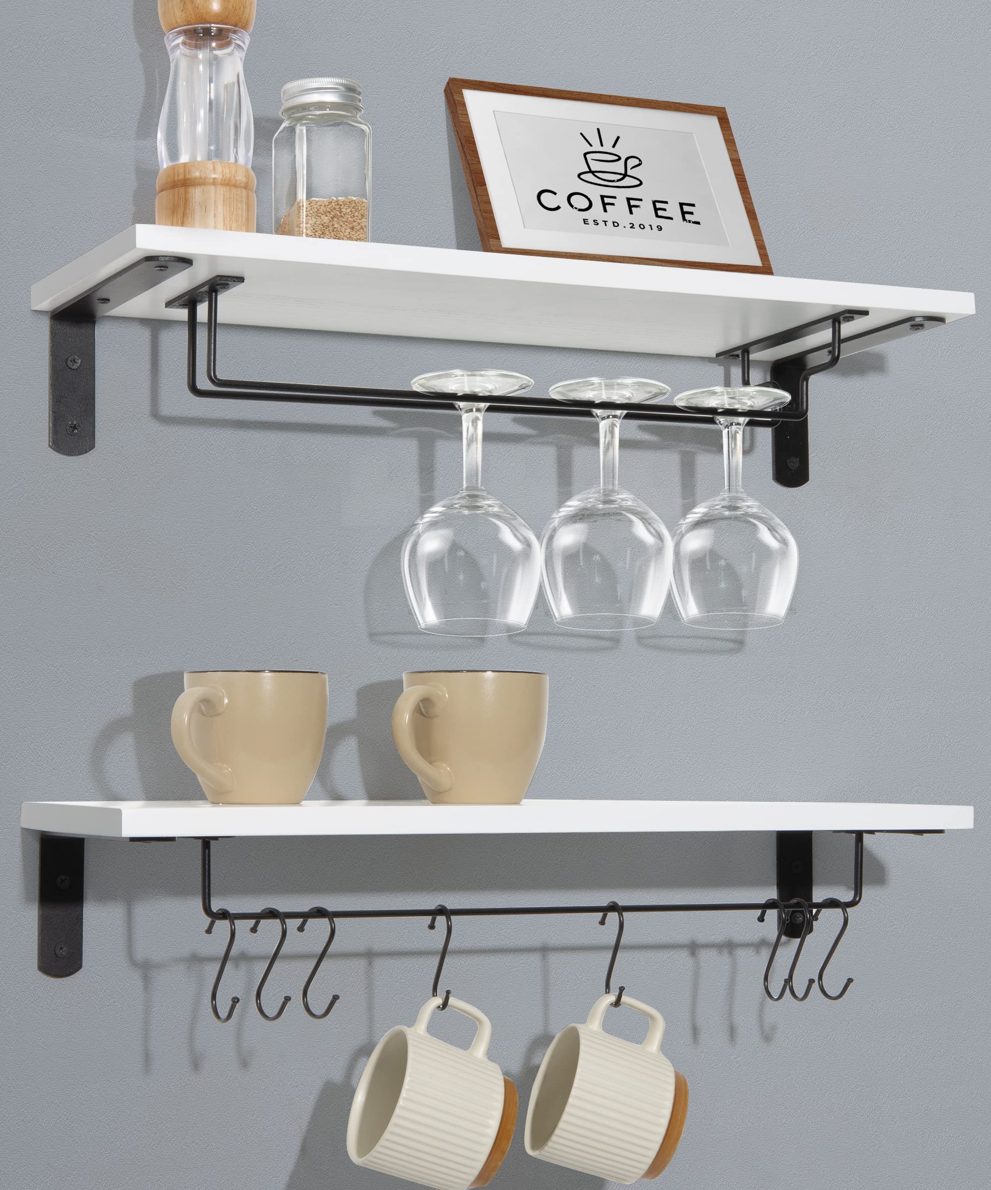 Afuly 20 Inch Wall Mounted Coffee Bar Shelf - Set of 2 Floating Shelves with 8 Hooks for Coffee Cups, Mugs & Wine Glasses - Perfect for Coffee Station, Kitchen Organization & Home Decor