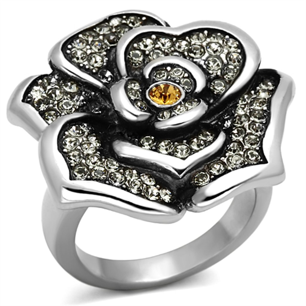 Elegant Women's Floral Rose Champagne Crystal Pave Cocktail Ring - Perfect for Evening Parties, Weddings & Special Occasions