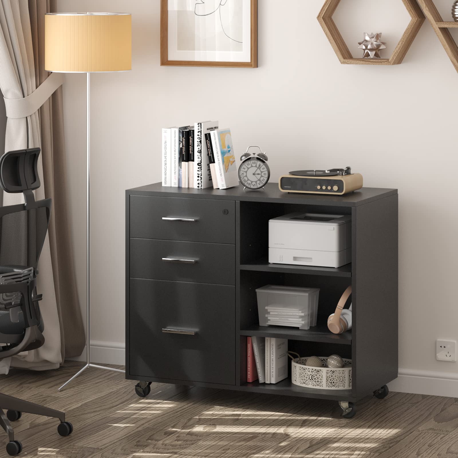 JUMMICO 3-Drawer Mobile File Cabinet - Wooden Lateral Filing Cabinet with Lock, Printer Stand & Adjustable Storage Shelves for Home Office Organization | Perfect for Documents, Office Supplies & Workspace Storage