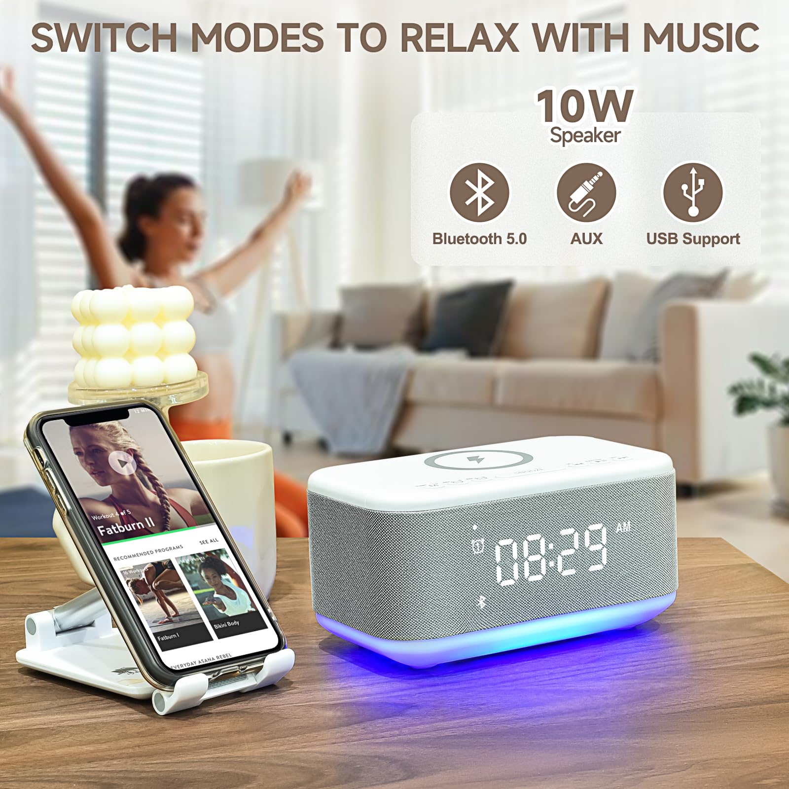 Wireless Charging Alarm Clock with Bluetooth Speaker - Digital LED Display, Dimmable RGB Night Light, Dual Alarm & Snooze - Perfect for Bedroom, Office, Travel (12/24H, USB/AUX, Gray A21-B)