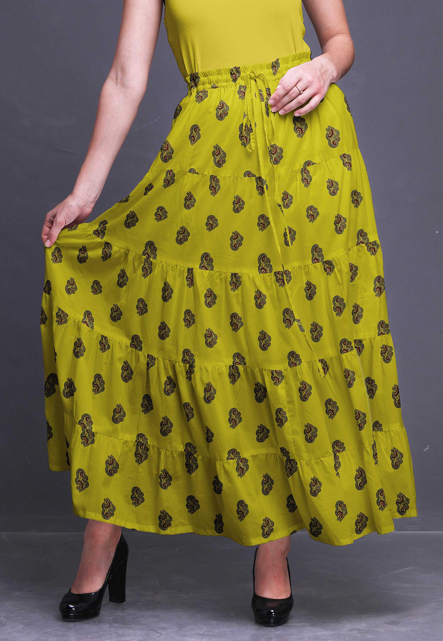 Boho Printed Long 5-Tier Cotton Skirt for Women - Flowy Maxi Skirt for Summer, Beach, Vacations & Casual Outings